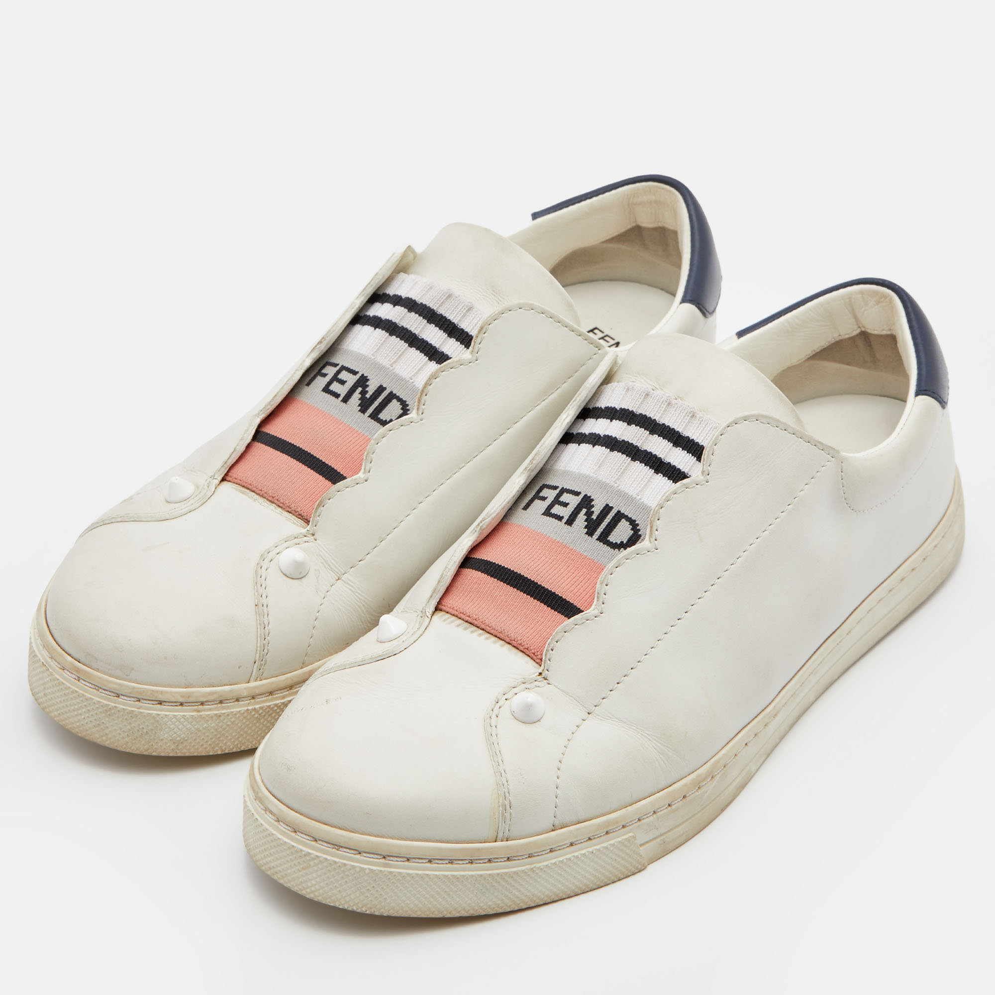 

Fendi White Leather Logo Knit Rockoko Scallop Detail Slip On Sneakers Size
