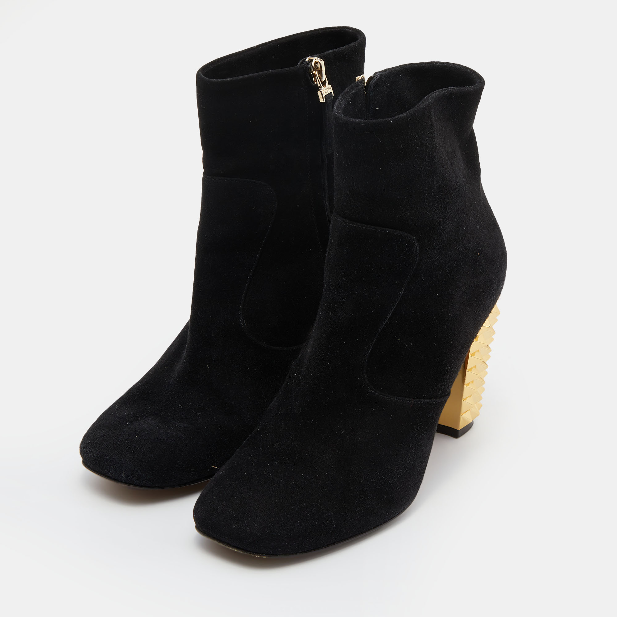 

Fendi Black Suede Studded Heel Ankle Length Boots Size