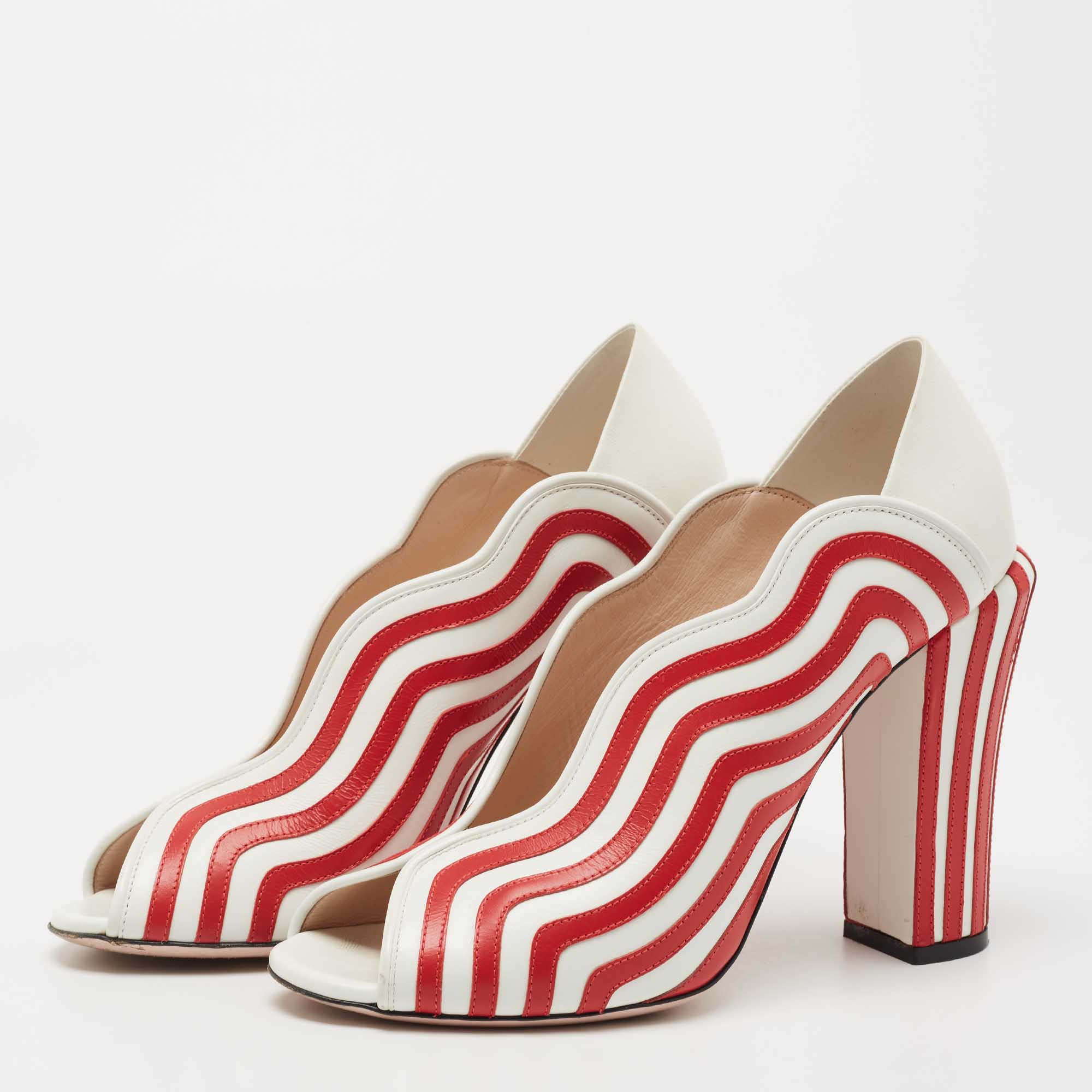 

Fendi White/Red Striped Leather Peep Toe Pumps Size