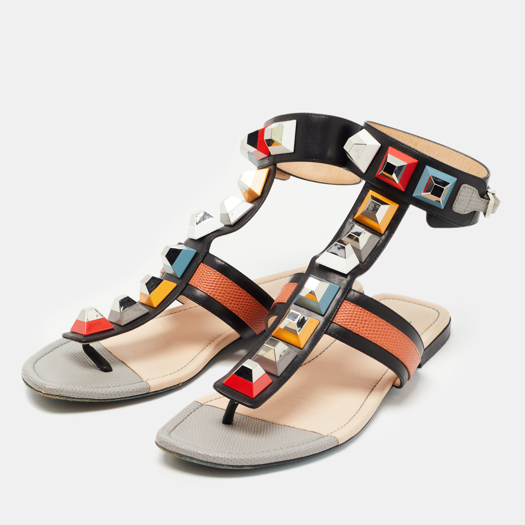 

Fendi Multicolor Leather Studded Ankle Cuff Sandals Size