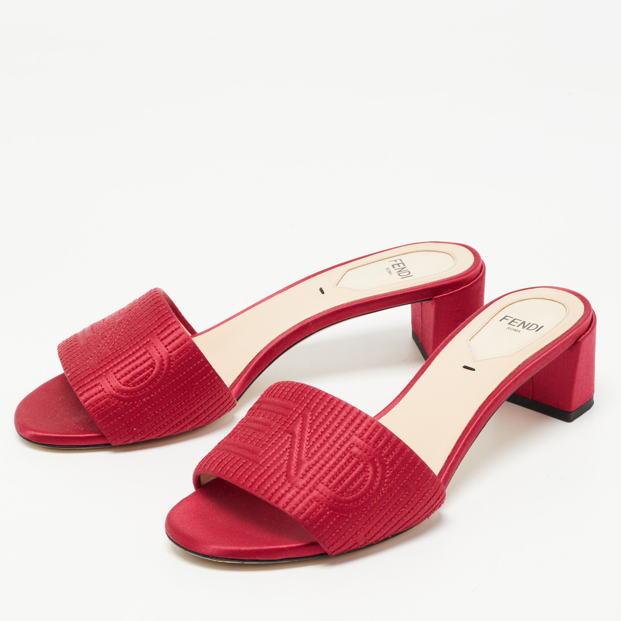 

Fendi Red Satin FF Motif Slides Size