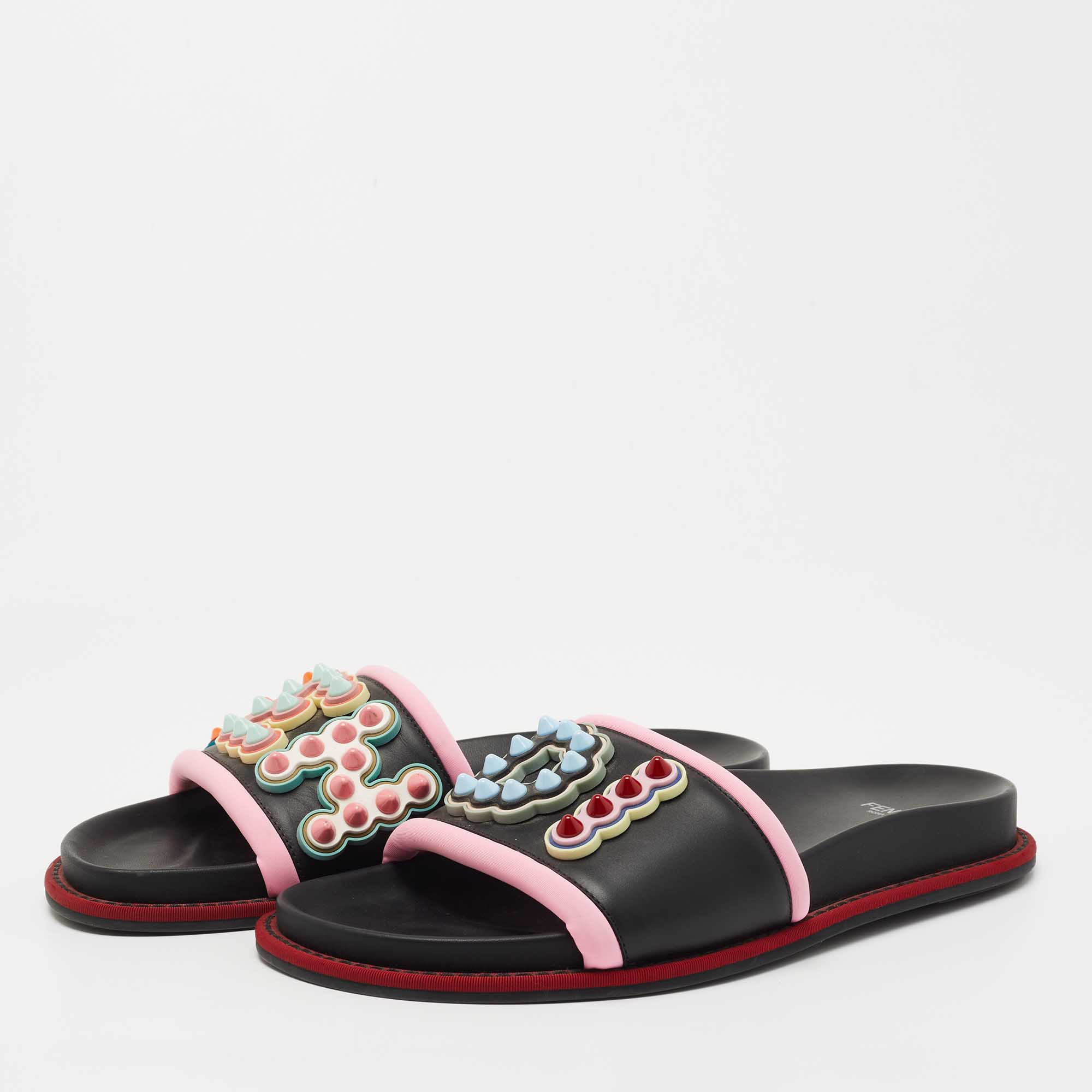 

Fendi Black/Pink Leather and Fabric Studded Logo Flat Slides Size