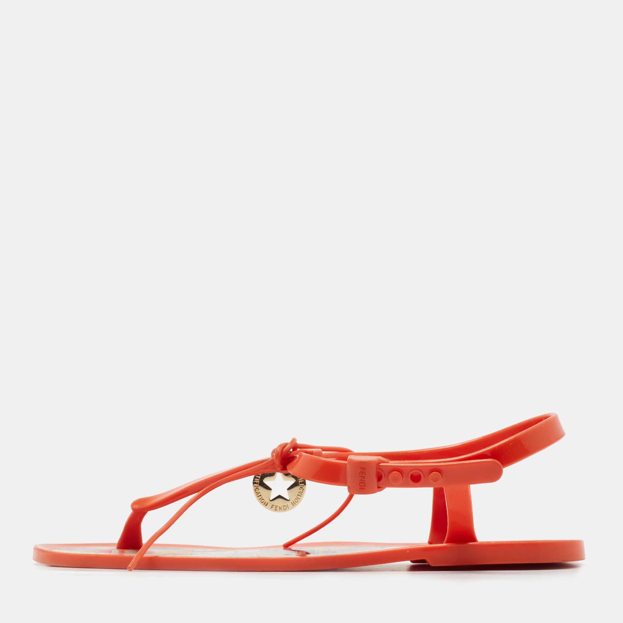 

Fendi Orange Rubber Logo Charm Sunny Thong Flat Sandals Size