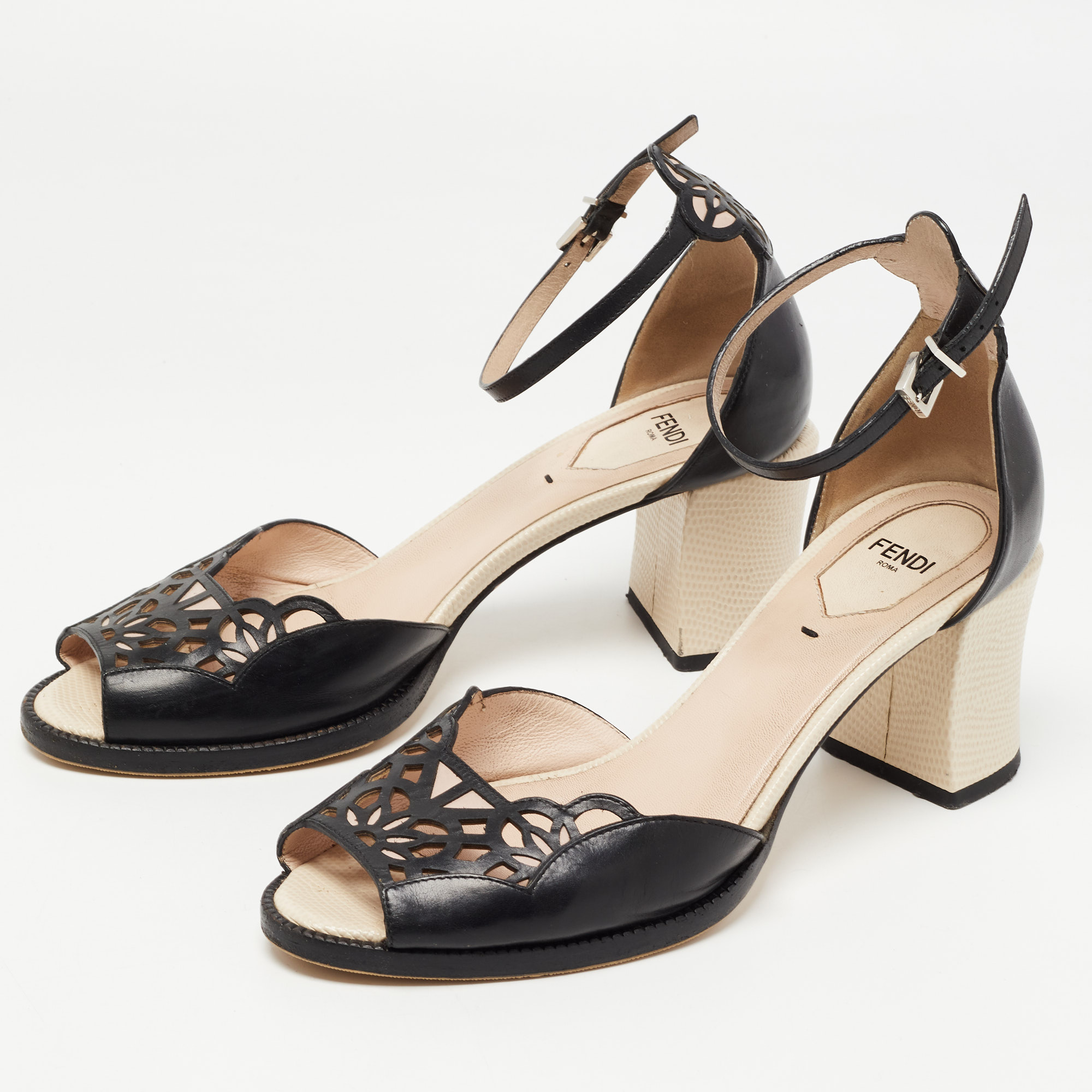 

Fendi Black/Beige Laser Cut Leather Block Heel Ankle Strap Sandals Size