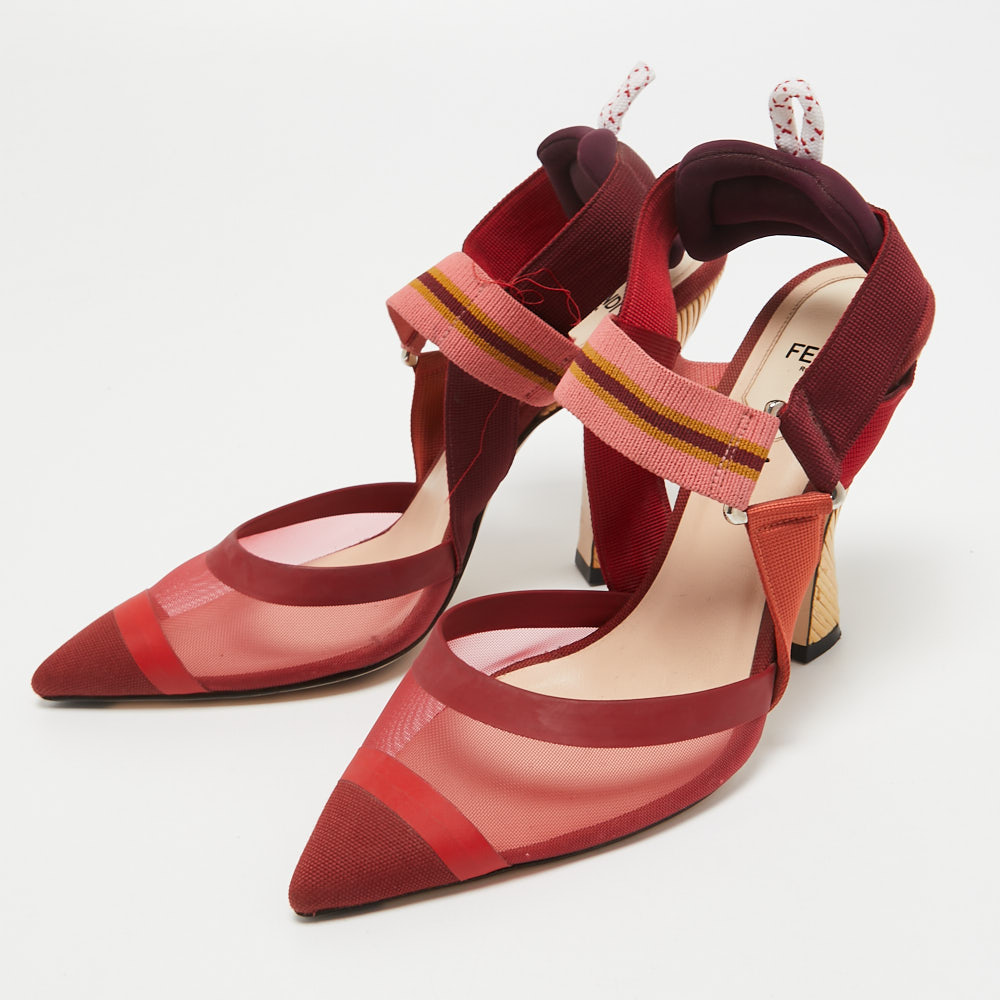 

Fendi Red/Burgundy Mesh and Canvas Colibri Sligback Pumps Size