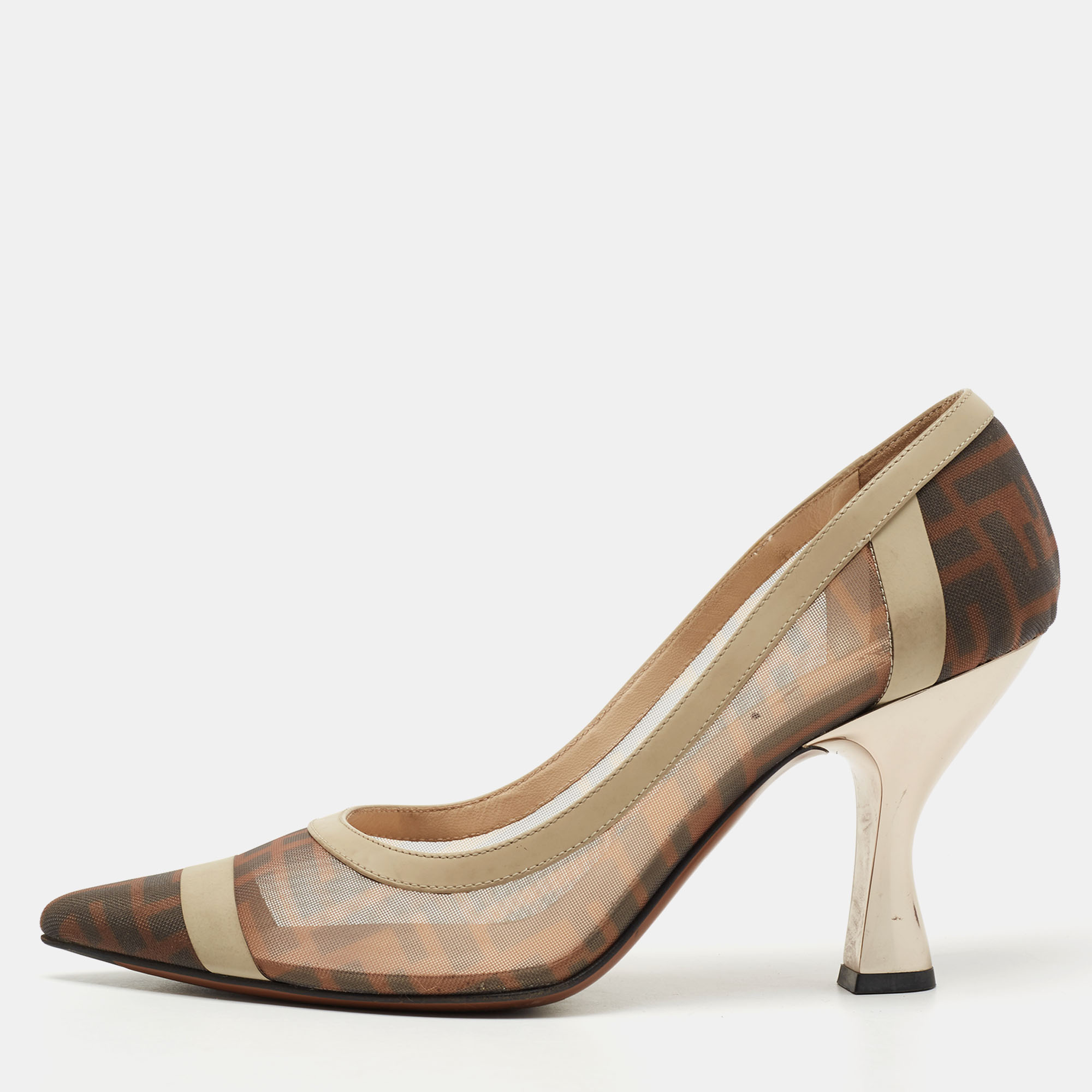 Click to view more detailed imagery on our partner's website Pre-owned Fendi Brown/grey Mesh And Leather Ff Logo Printed Colibri Pointed Toe Pumps Size 41 In Beige