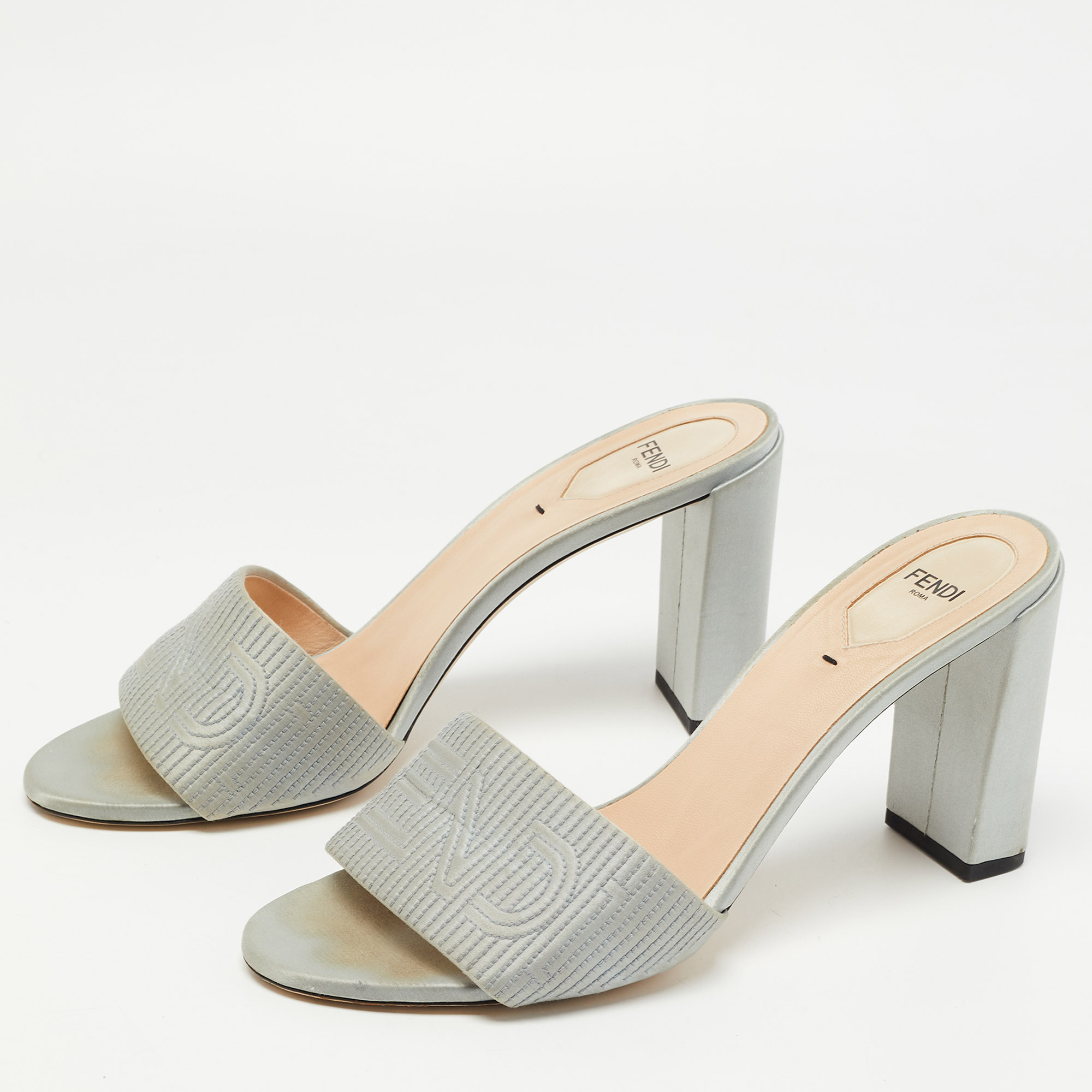 

Fendi Grey Satin Logo Embroidered Block Heel Slides Sandals Size
