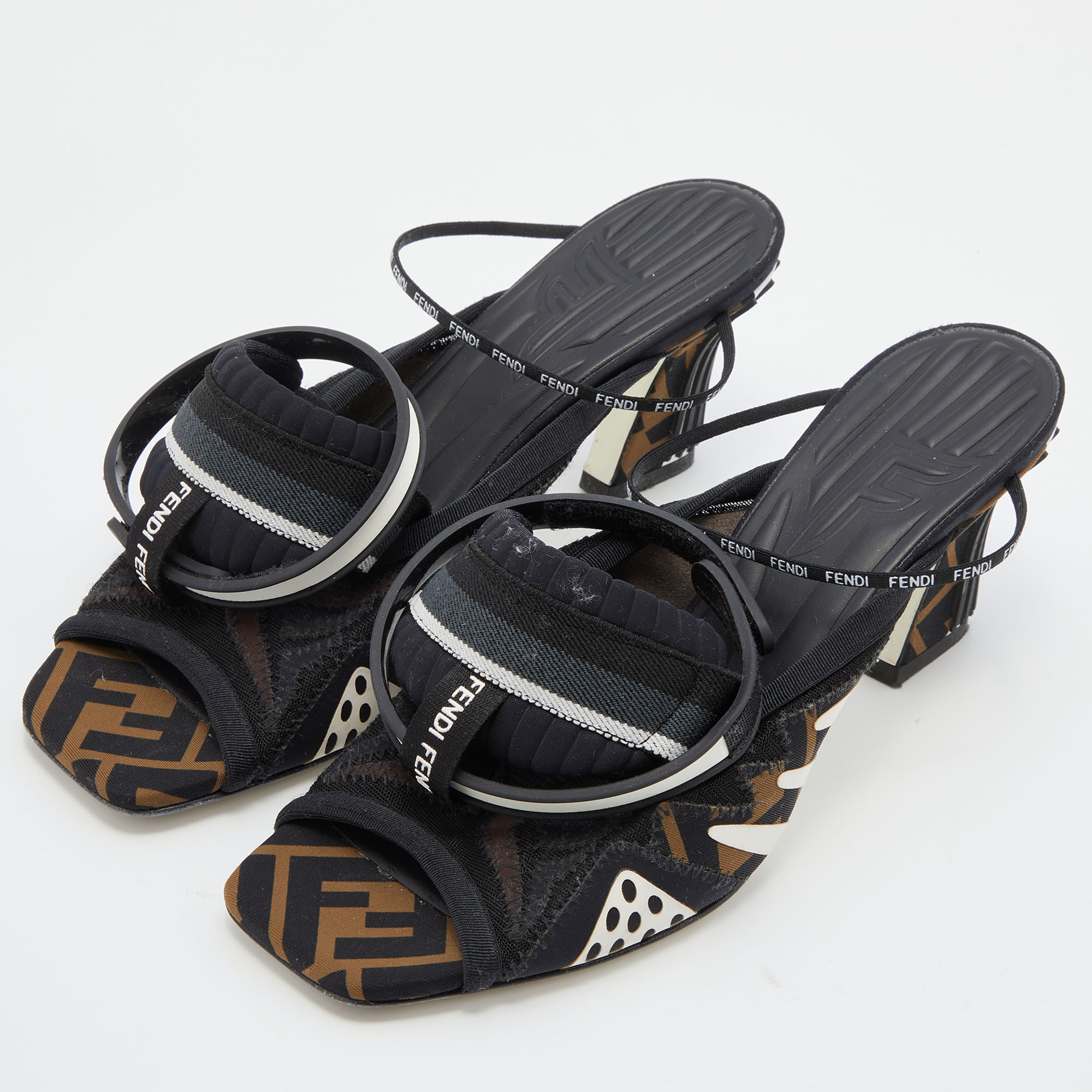 

Fendi Black Neoprene And Mesh Freedom FF Patchwork Slingback Sandals Size