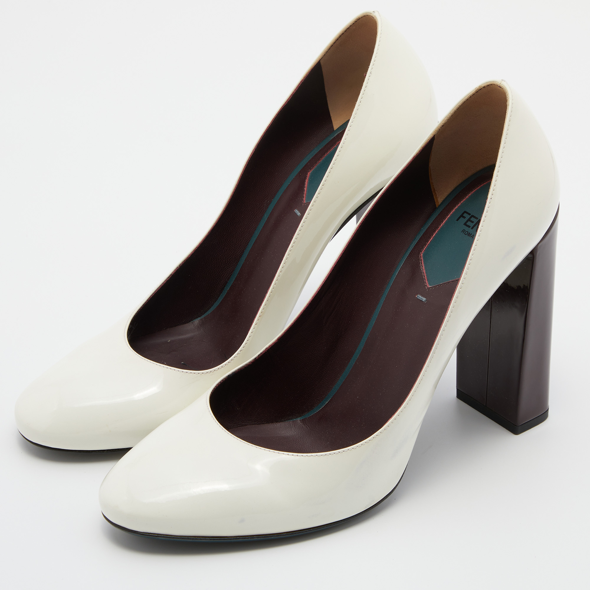 

Fendi White Patent Leather Round Toe Block Heel Pumps Size