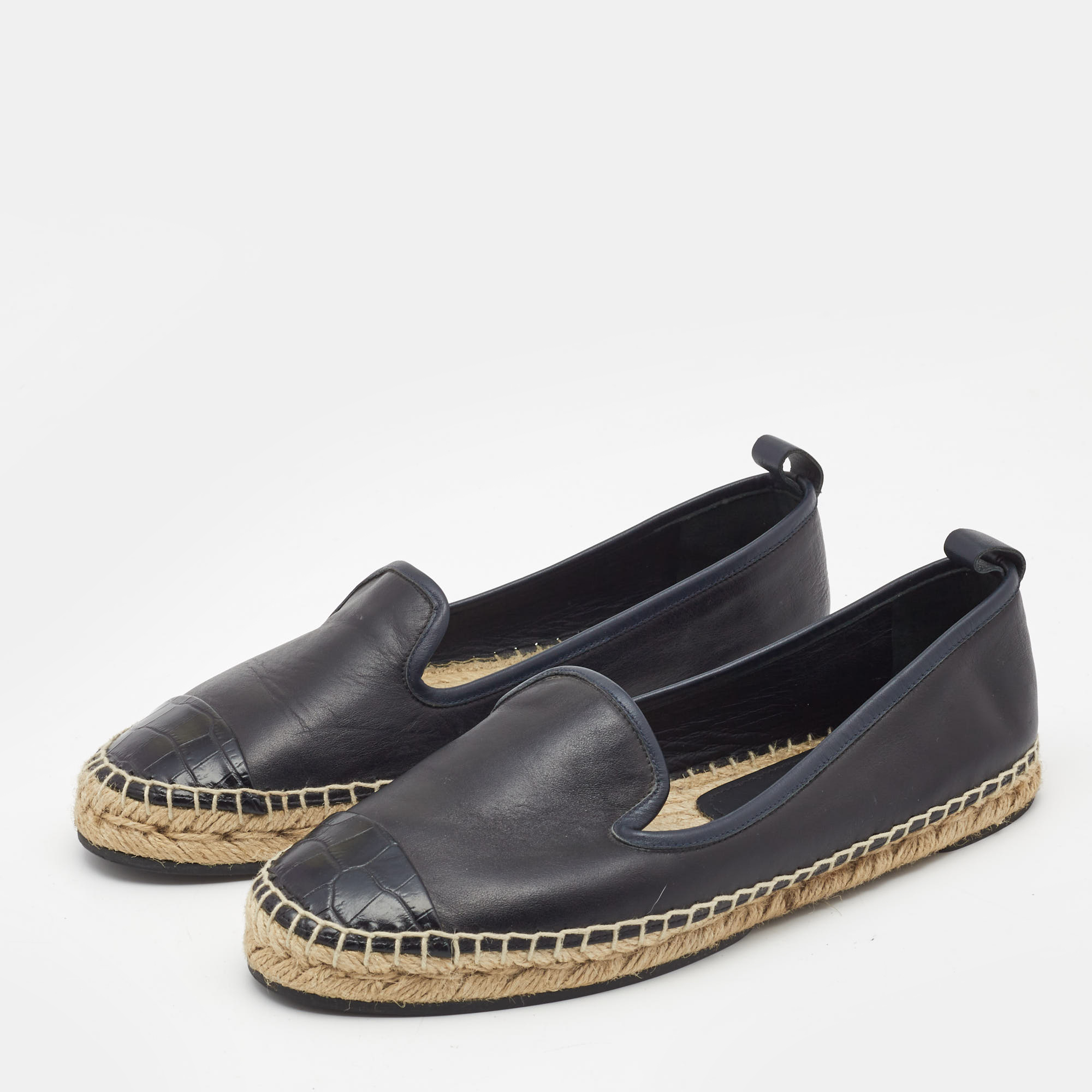 

Fendi Black Leather Junia Cap Toe Flat Espadrille Size