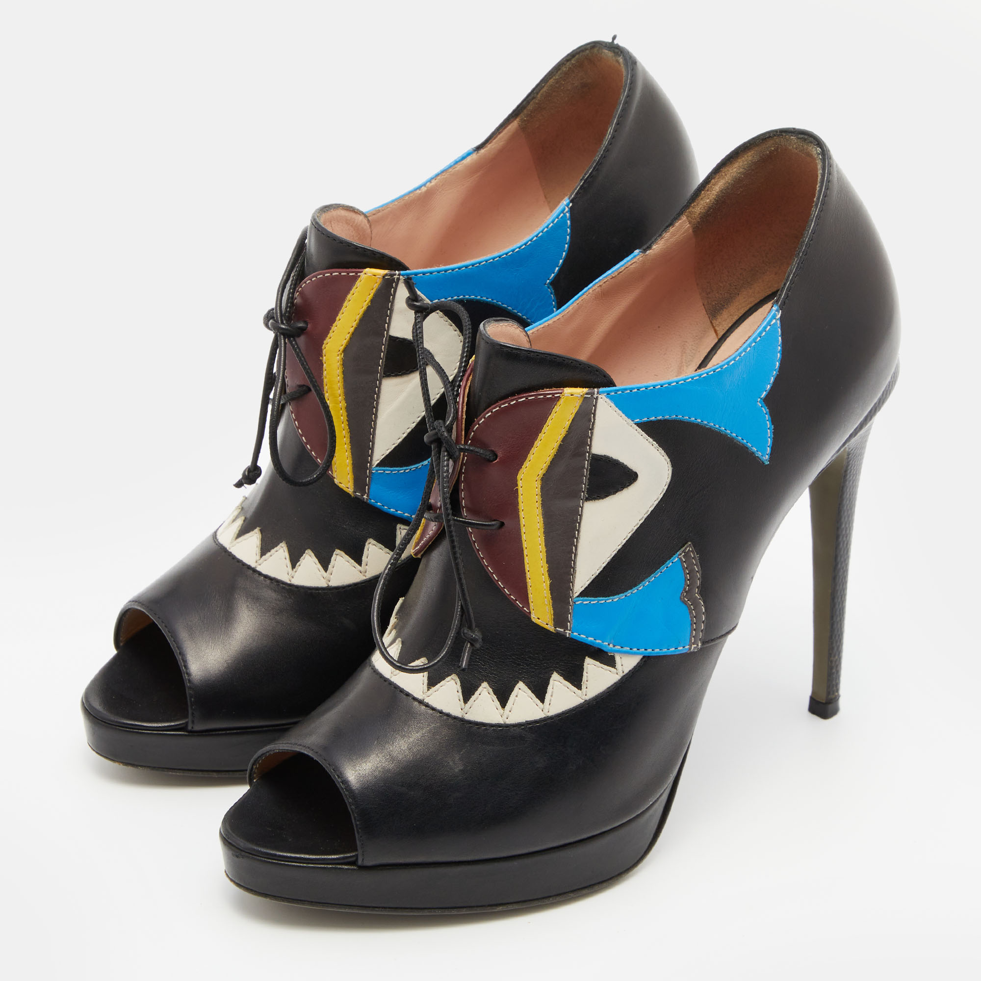 

Fendi Multicolor Leather Monster Peep Toe Ankle Booties Size