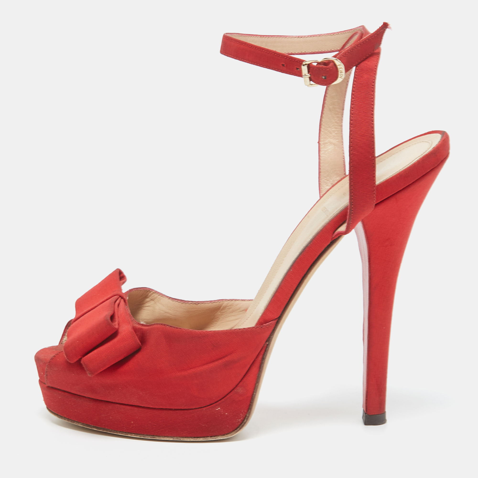 Pre-owned Fendi Red Fabric Bow Ankle Strap Platform Sandals Size 40