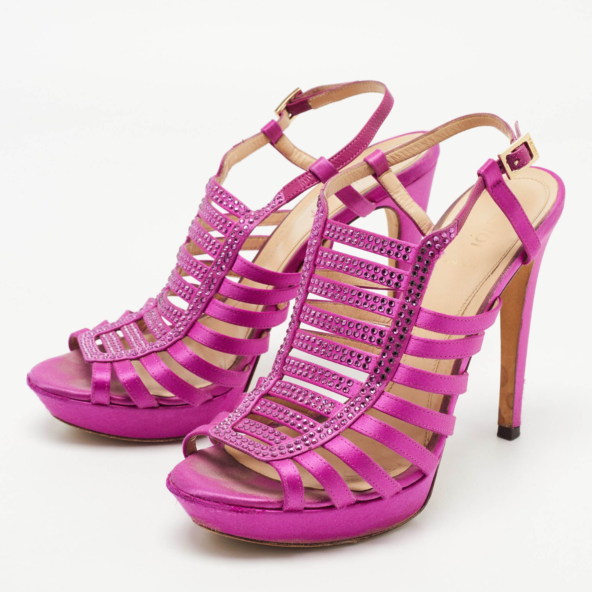 

Fendi Magenta Crystal Embellished Satin Strappy Slingback Sandals Size, Purple