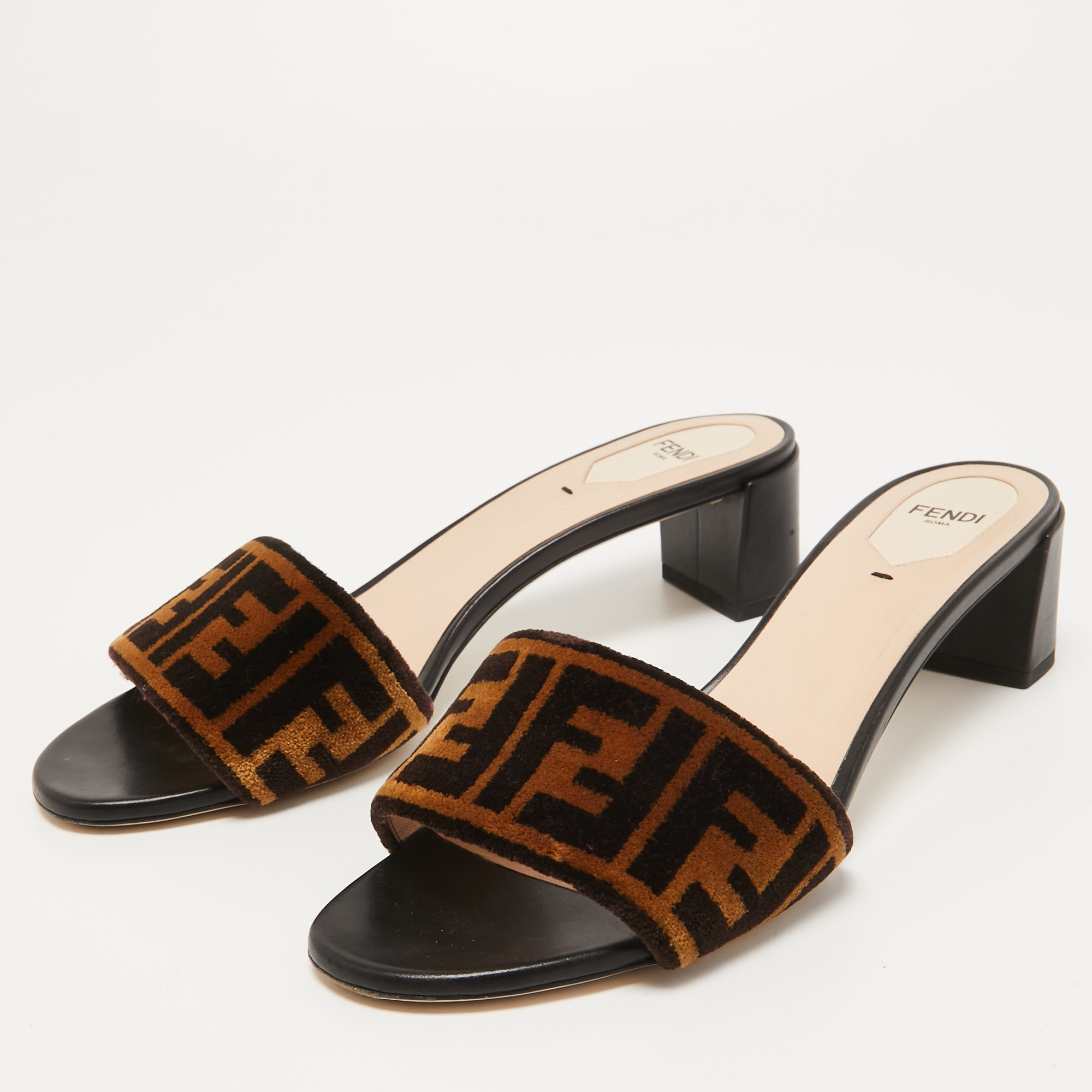 

Fendi Two Tone Zucca Velvet Slide Sandals Size, Brown