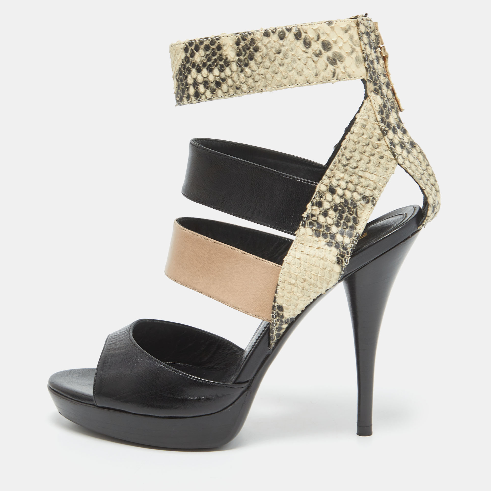 Pre-owned Fendi Tricolor Leather And Python Ankle Strap Platform Sandals Size 38 In Black