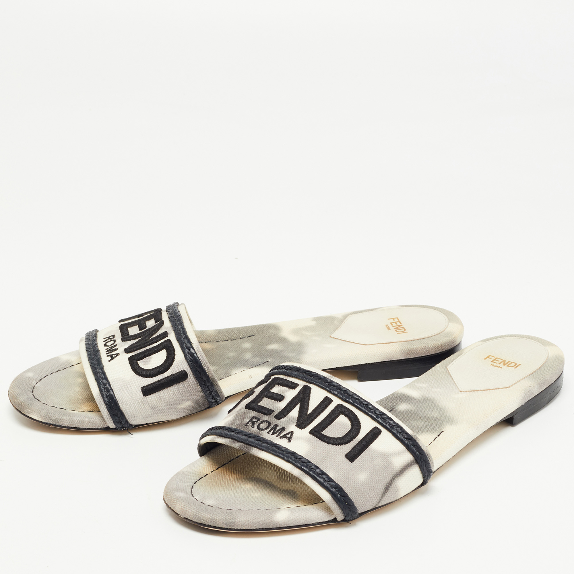 

Fendi Grey/White Canvas Embraided Slide Sandals Size