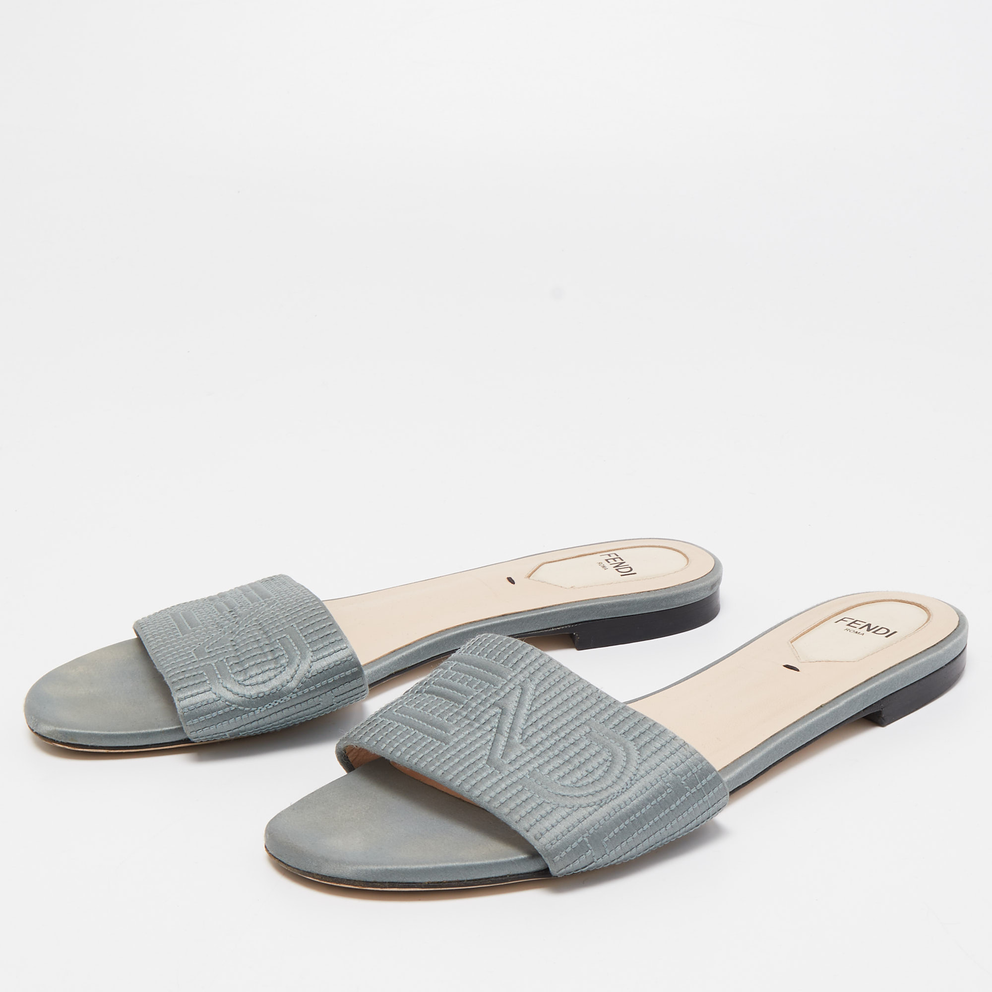 

Fendi Grey Satin Logo Embroidered Flat Slides Size