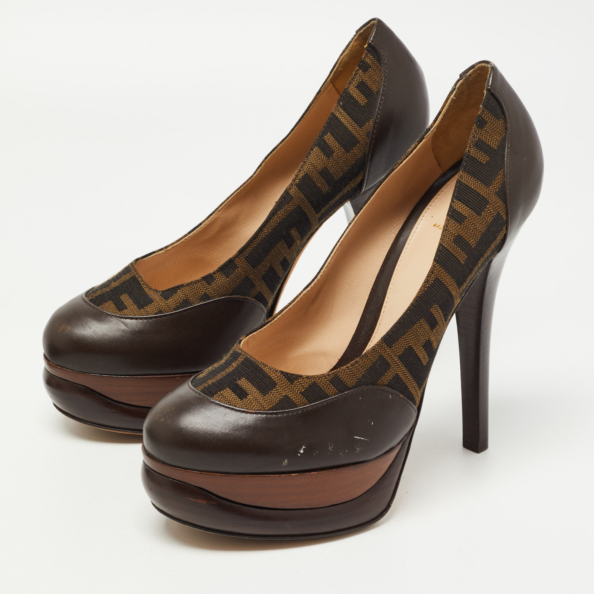 

Fendi Brown Zucca Canvas and Leather Platform Pumps Size
