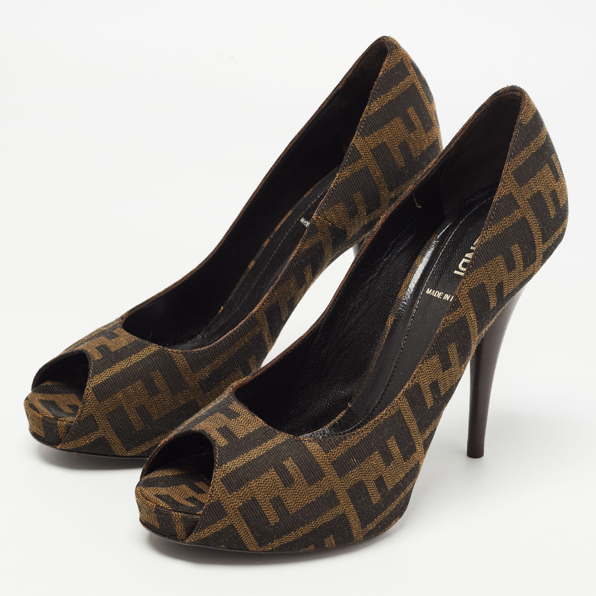 

Fendi Two Tone Zucca Canvas Peep Toe Pumps Size, Brown