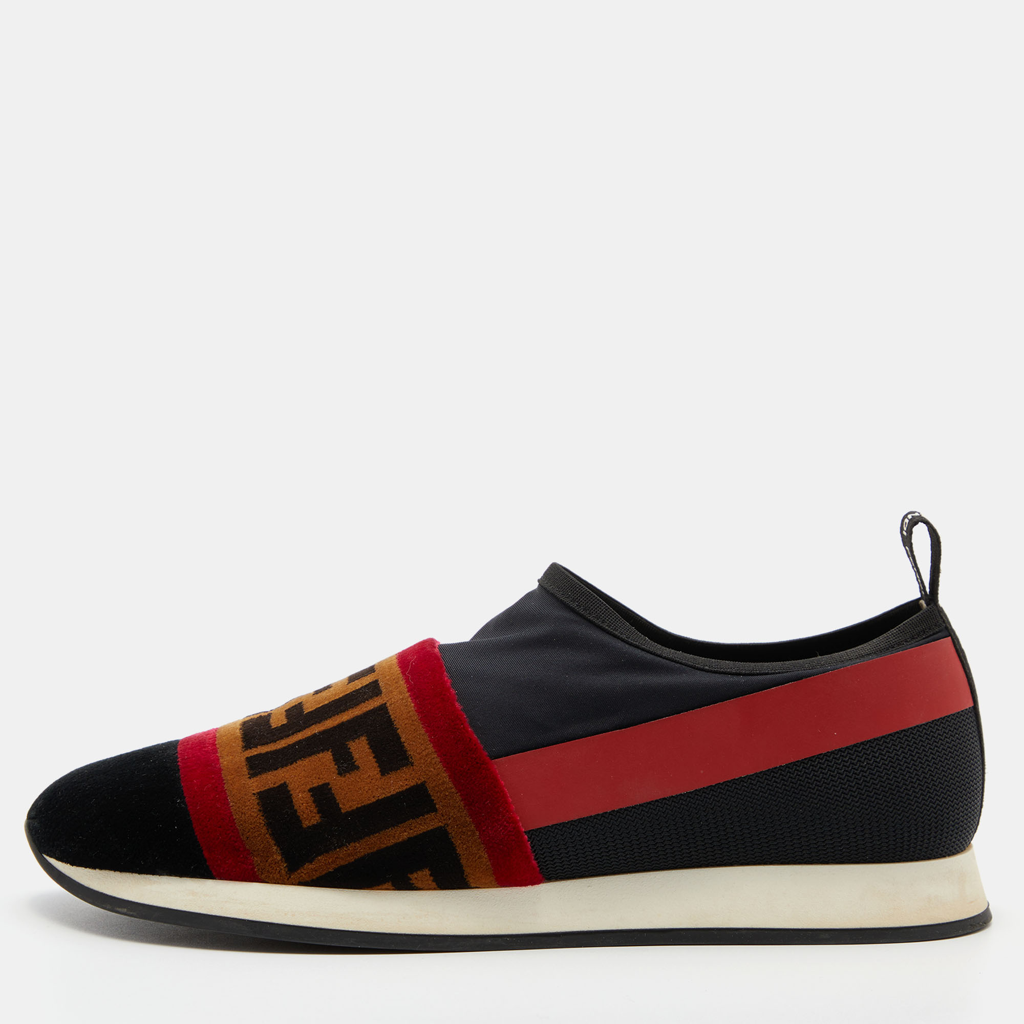 Pre Owned Fendi Tri-Color Stretch Nylon, Mesh and Zucca Print Velvet Runaway Slip-On Sneakers Size 37