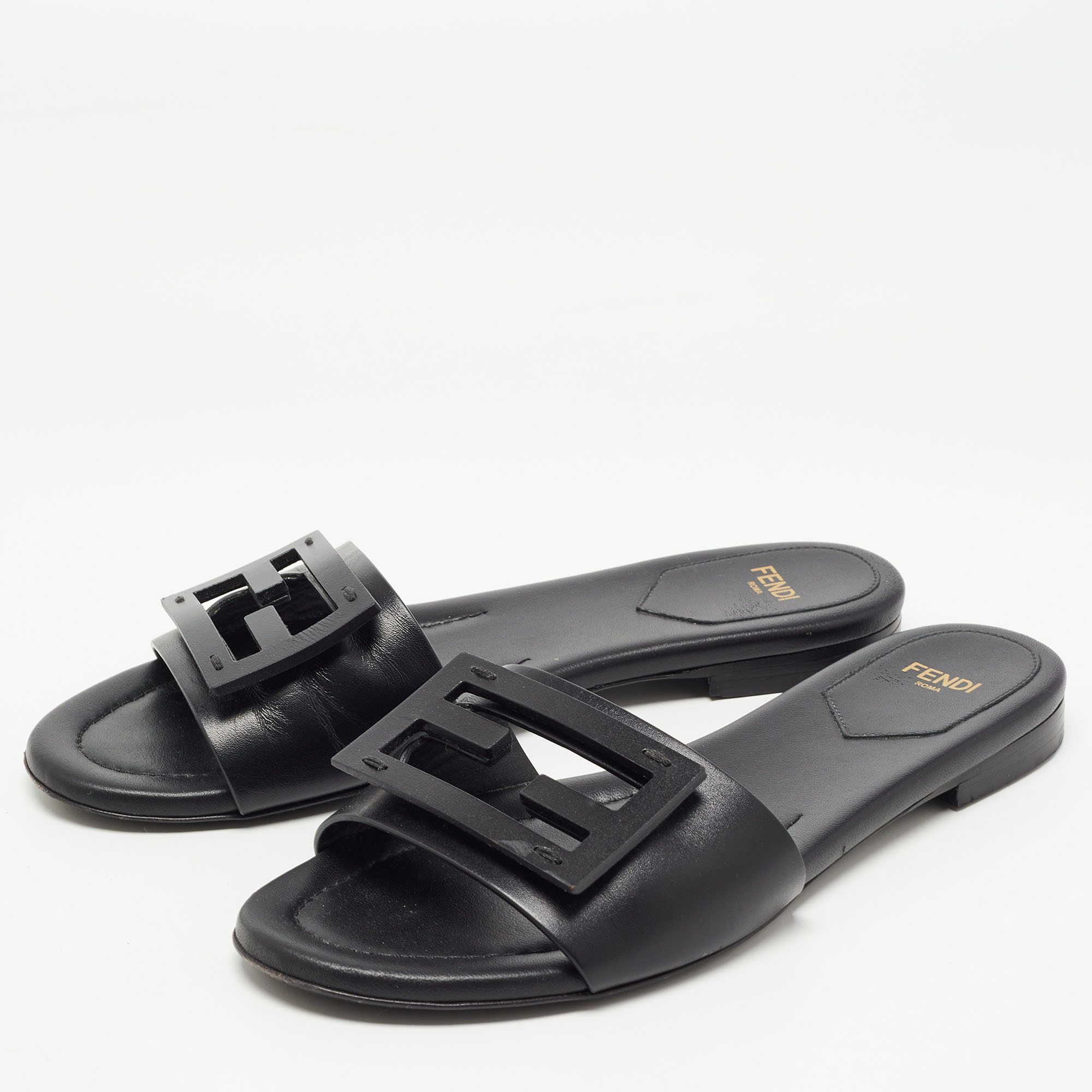 

Fendi Black Leather Logo Flat Slides Size