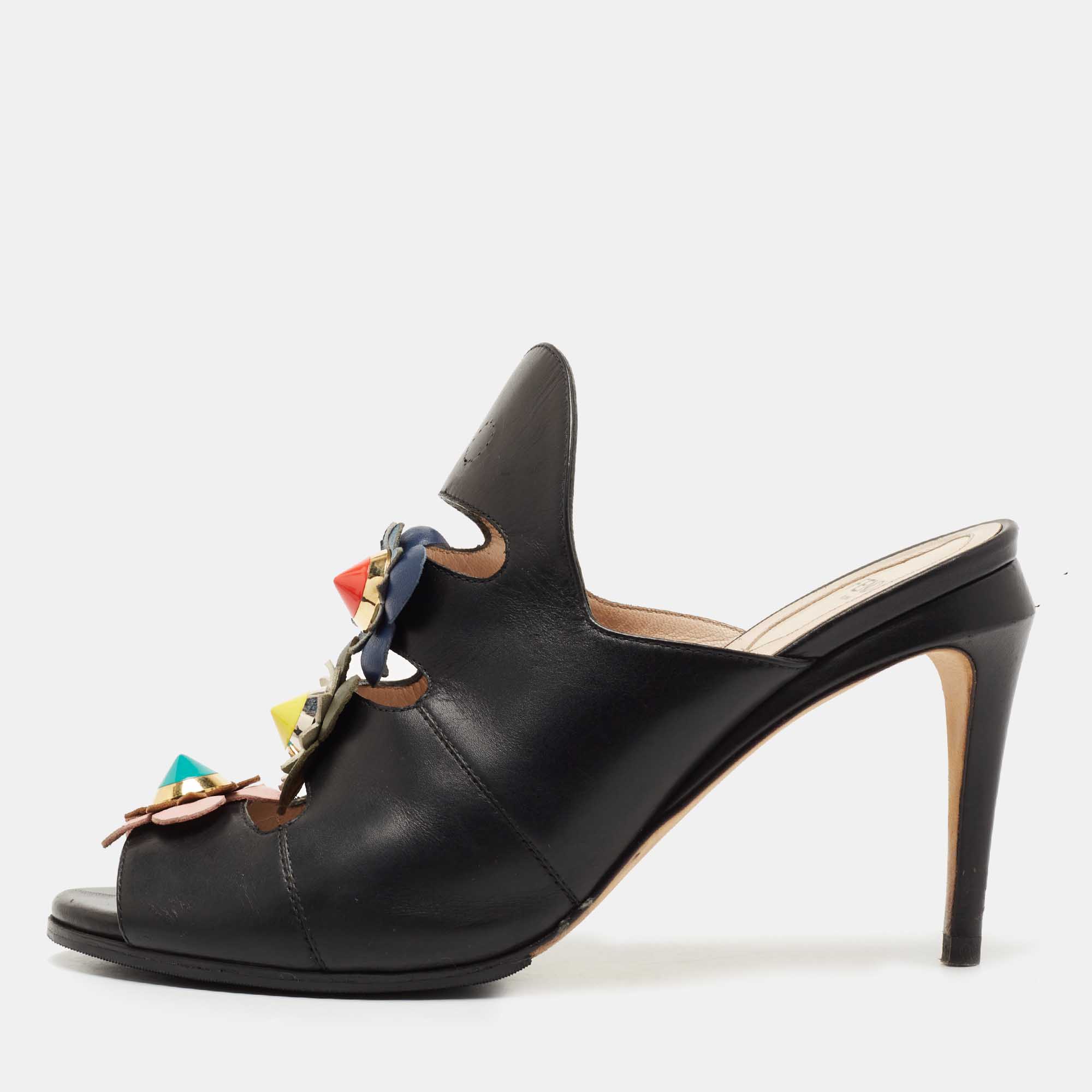 Fendi Black Leather Flowerland Open Toe Mules Size 38