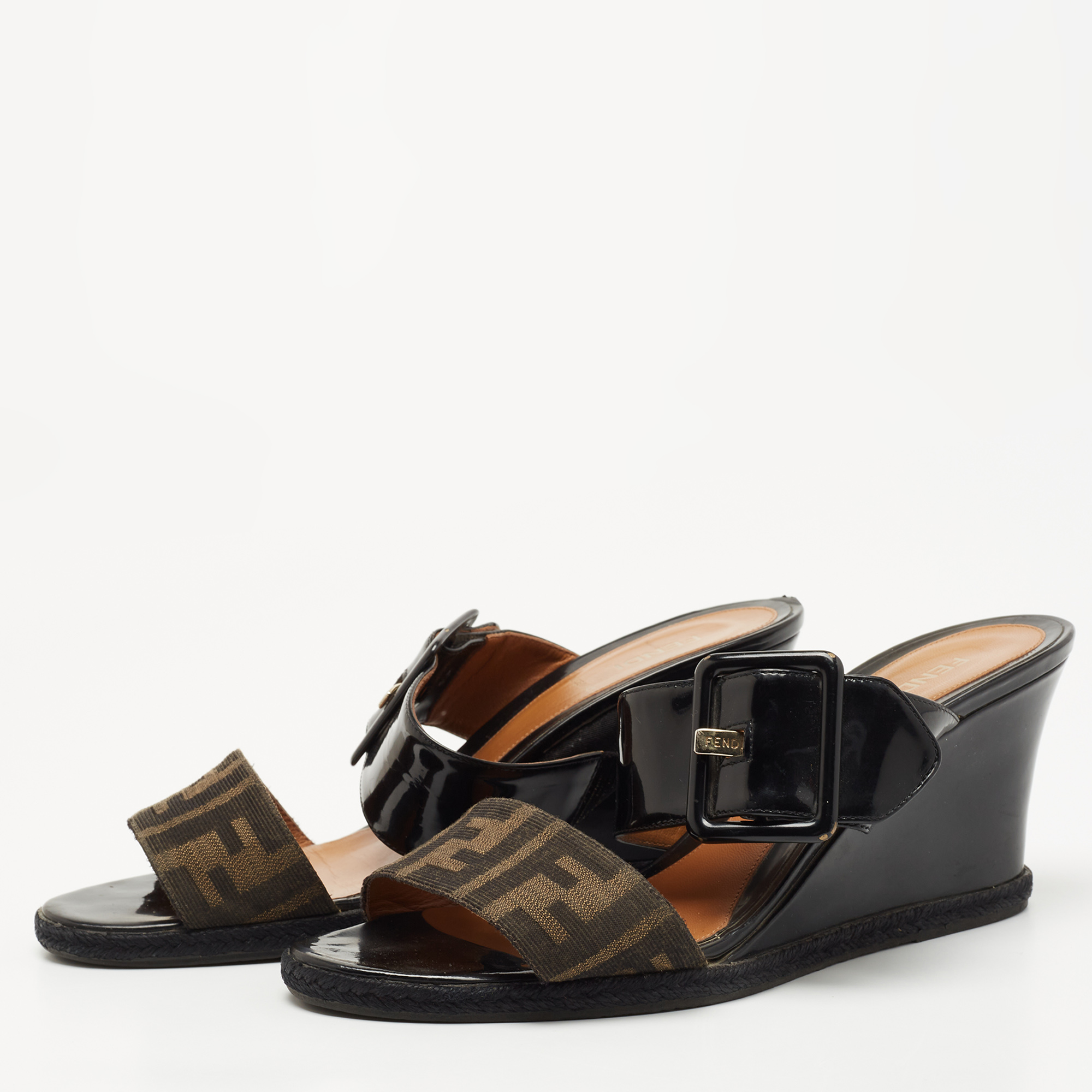 

Fendi Black/Brown Patent Leather and Zucca Canvas Demi Wedge Sandals Size