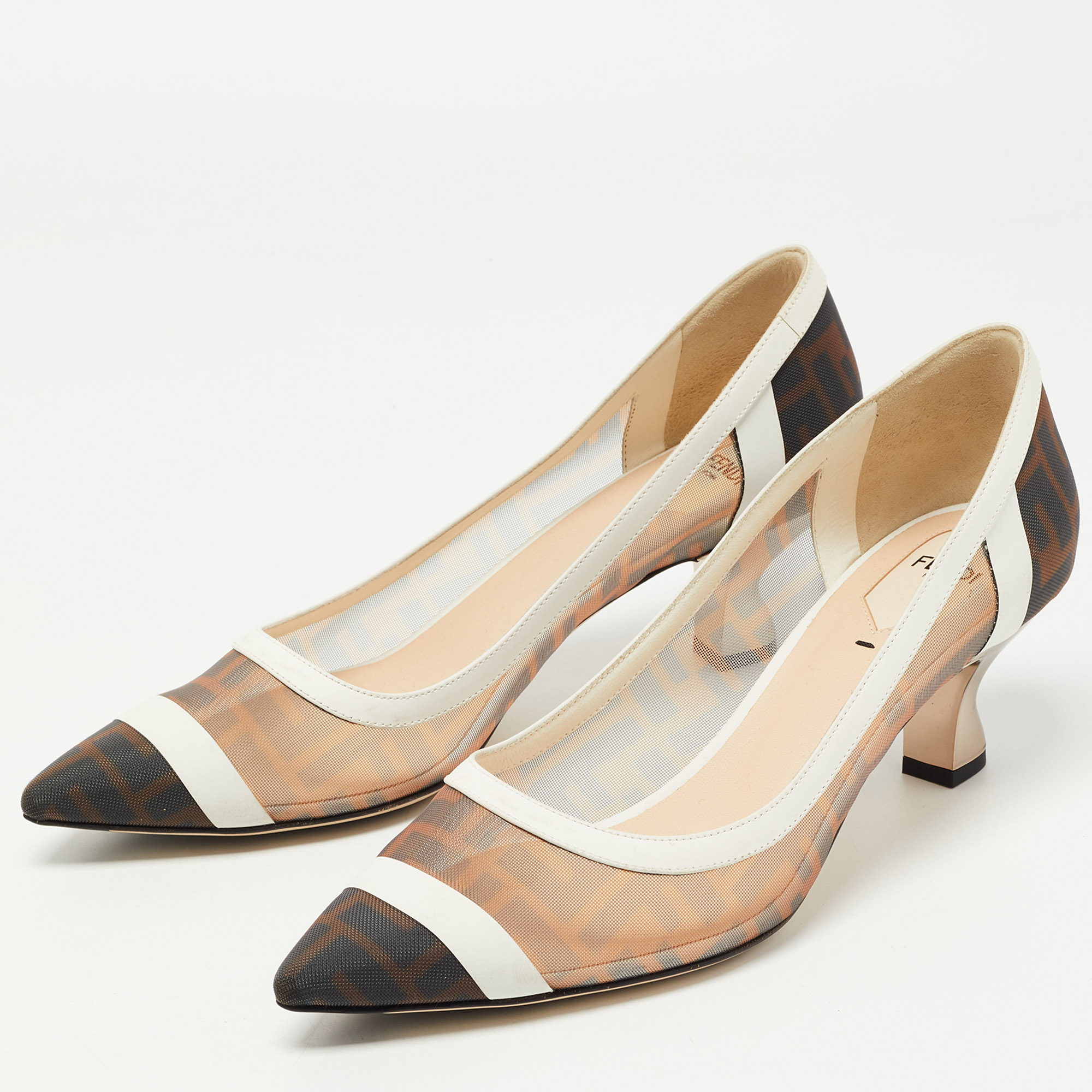 

Fendi Brown/White Zucca Mesh and Leather Colibri Pumps Size