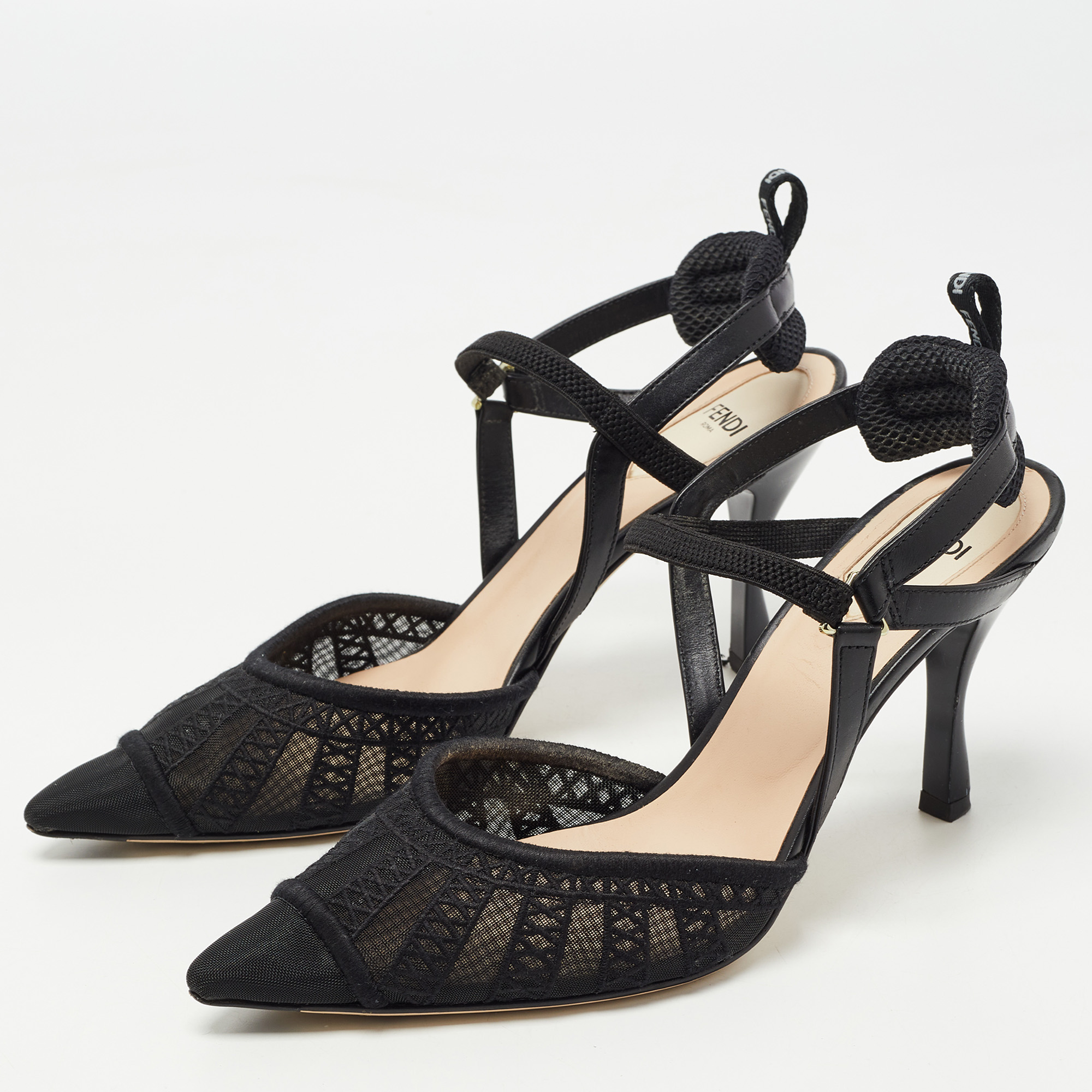 

Fendi Black Lace and Leather Colibri Lite Slingback Pumps Size
