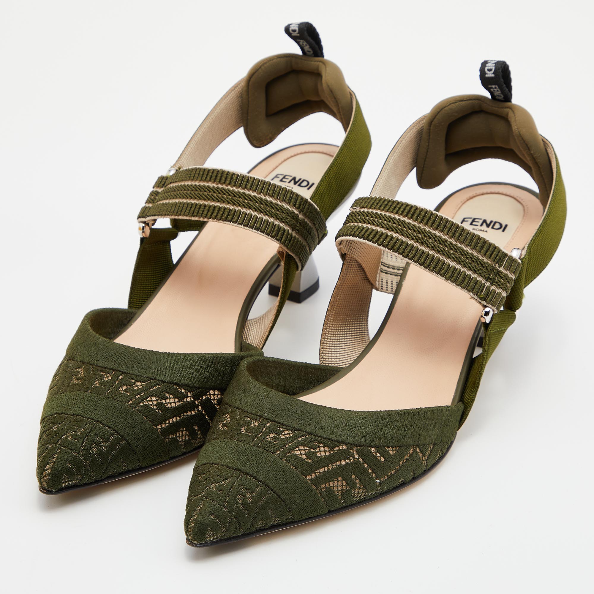 

Fendi Multicolor Green Fabric and Nylon Colibri Slingback Sandals Size