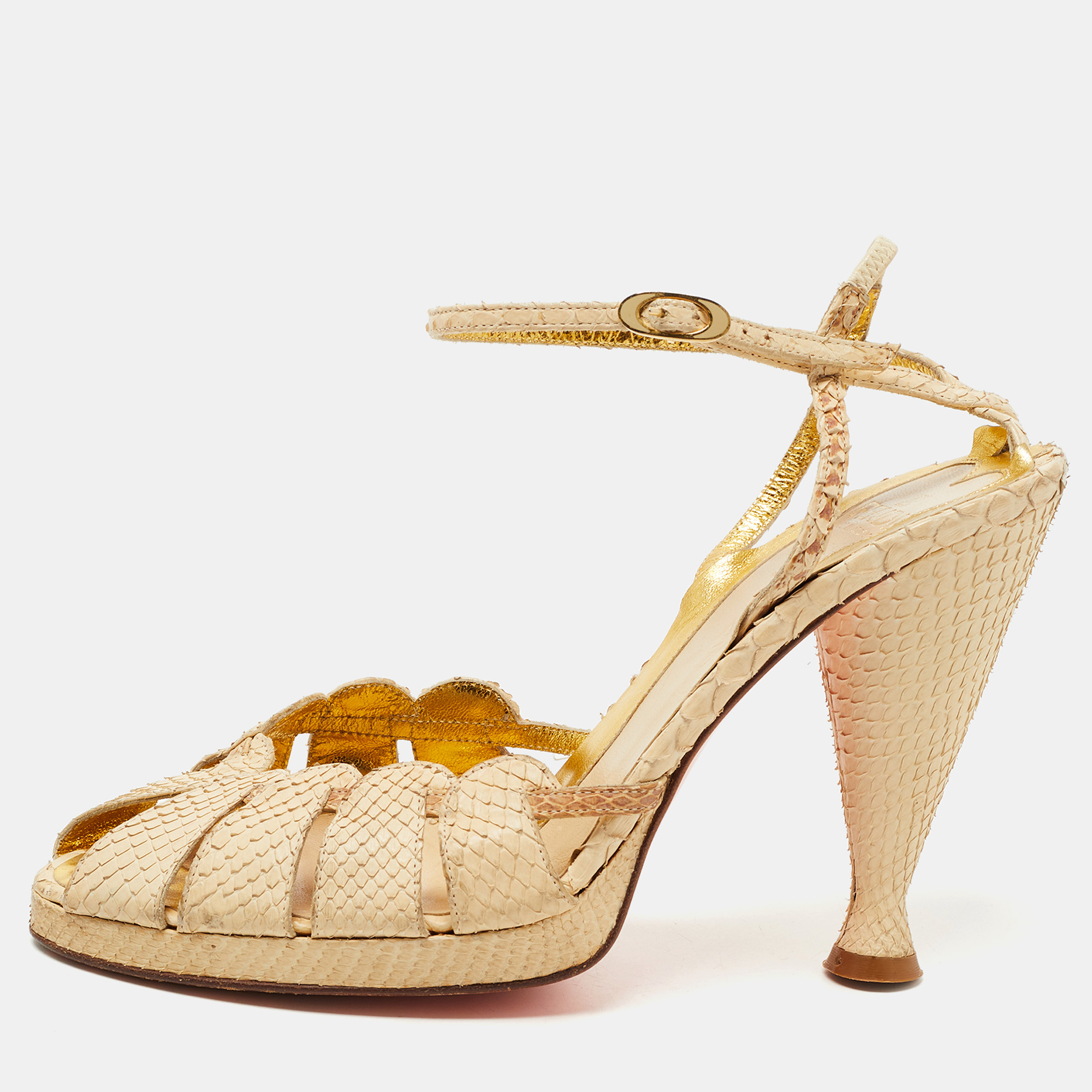 Pre-owned Fendi Beige Snakeskin Leather Ankle Strap Sandals Size 36