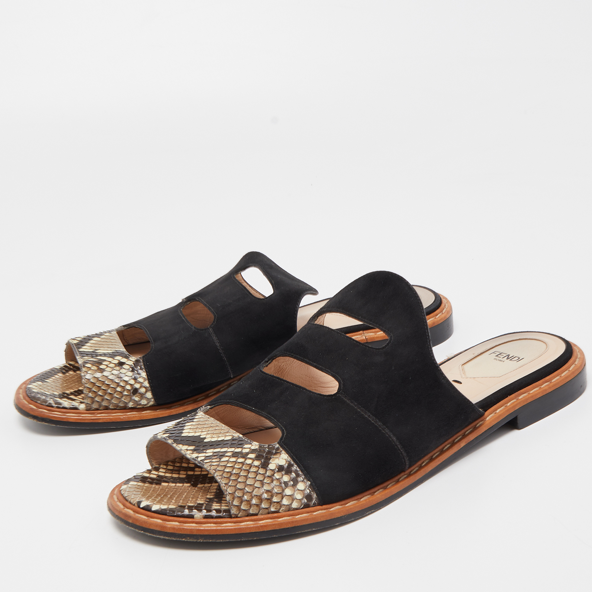 

Fendi Black/Brown Suede and Python Cut Out Flat Slides Size