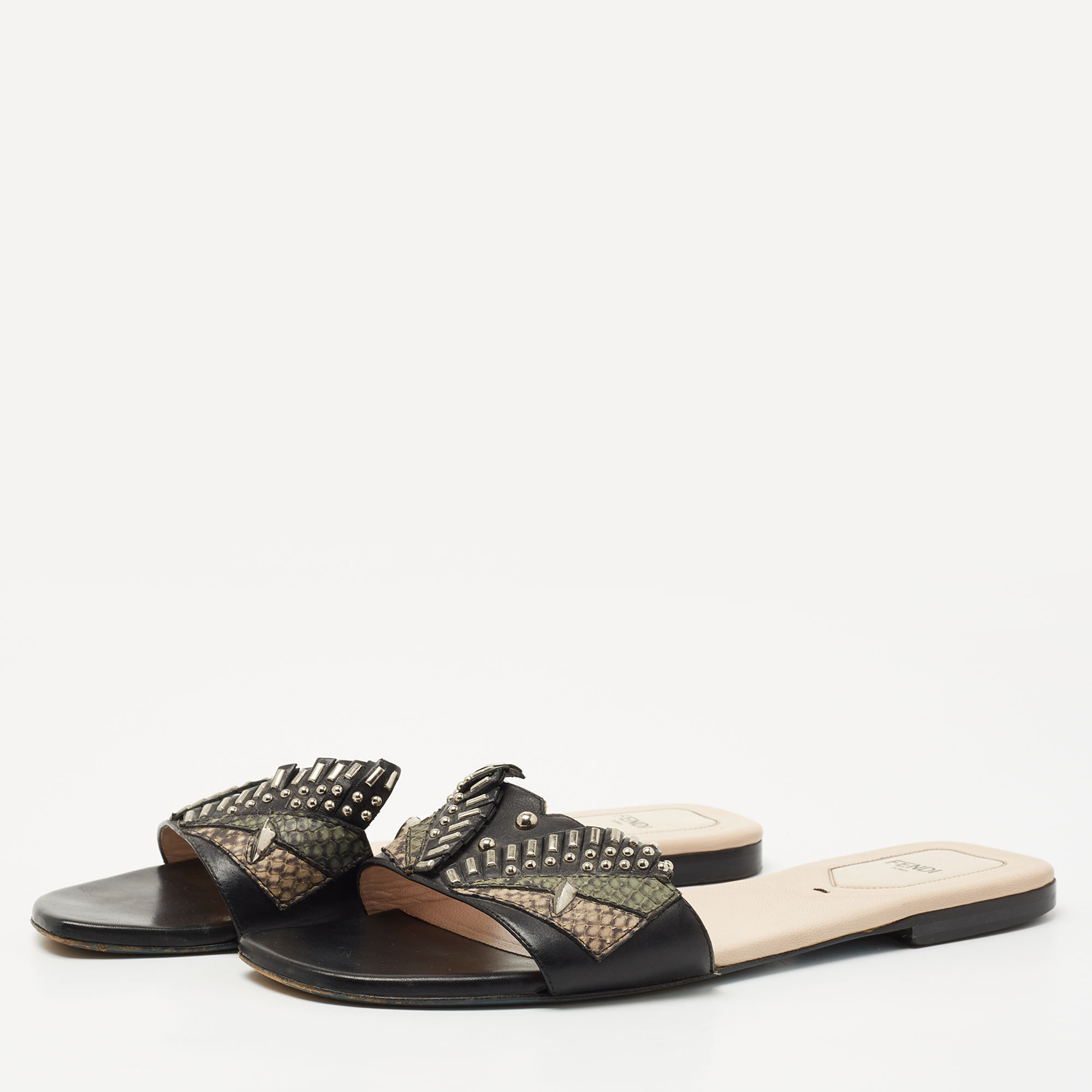 

Fendi Black Leather Studded Flat Slides Size