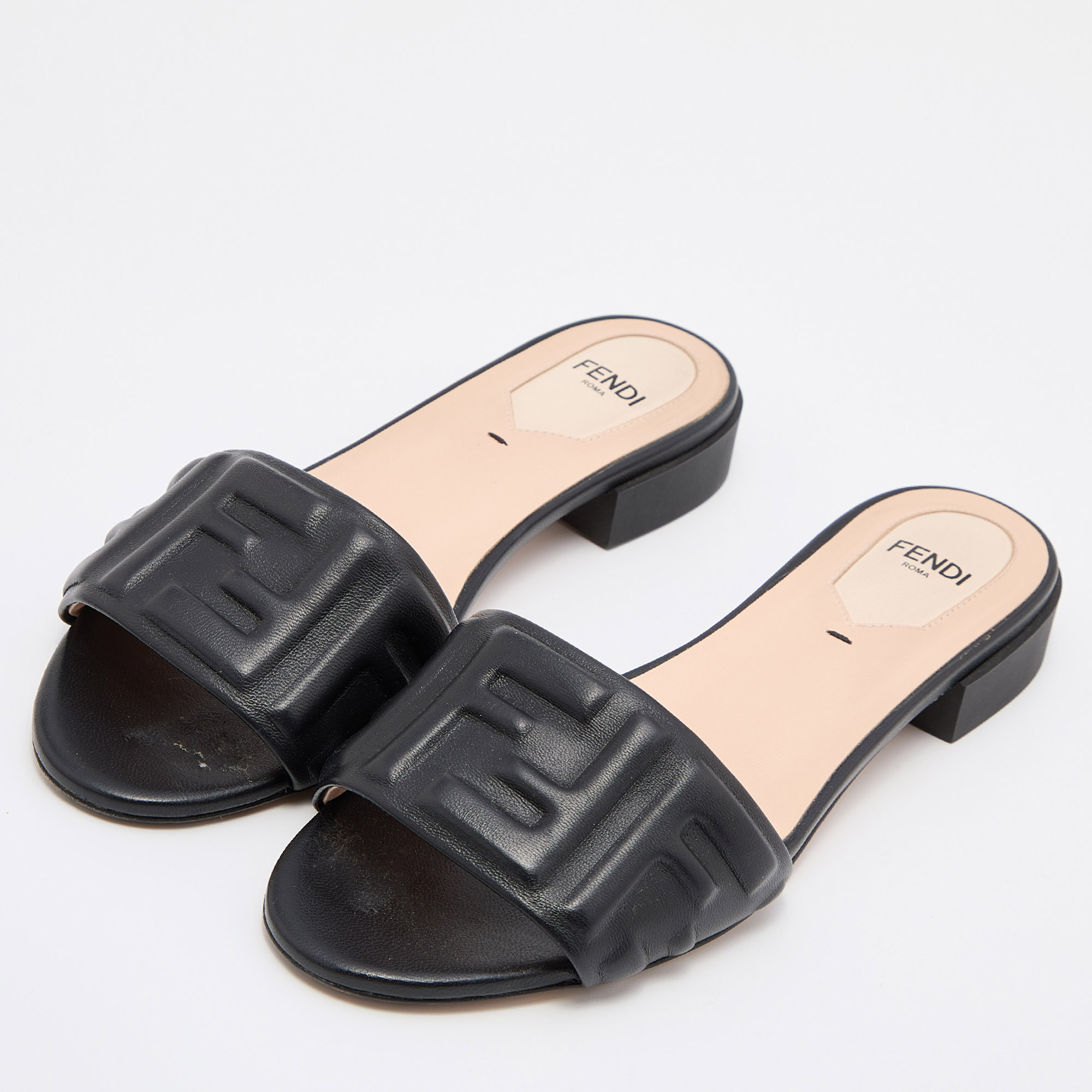 

Fendi Black Leather FF Motif Slip On Sandals Size