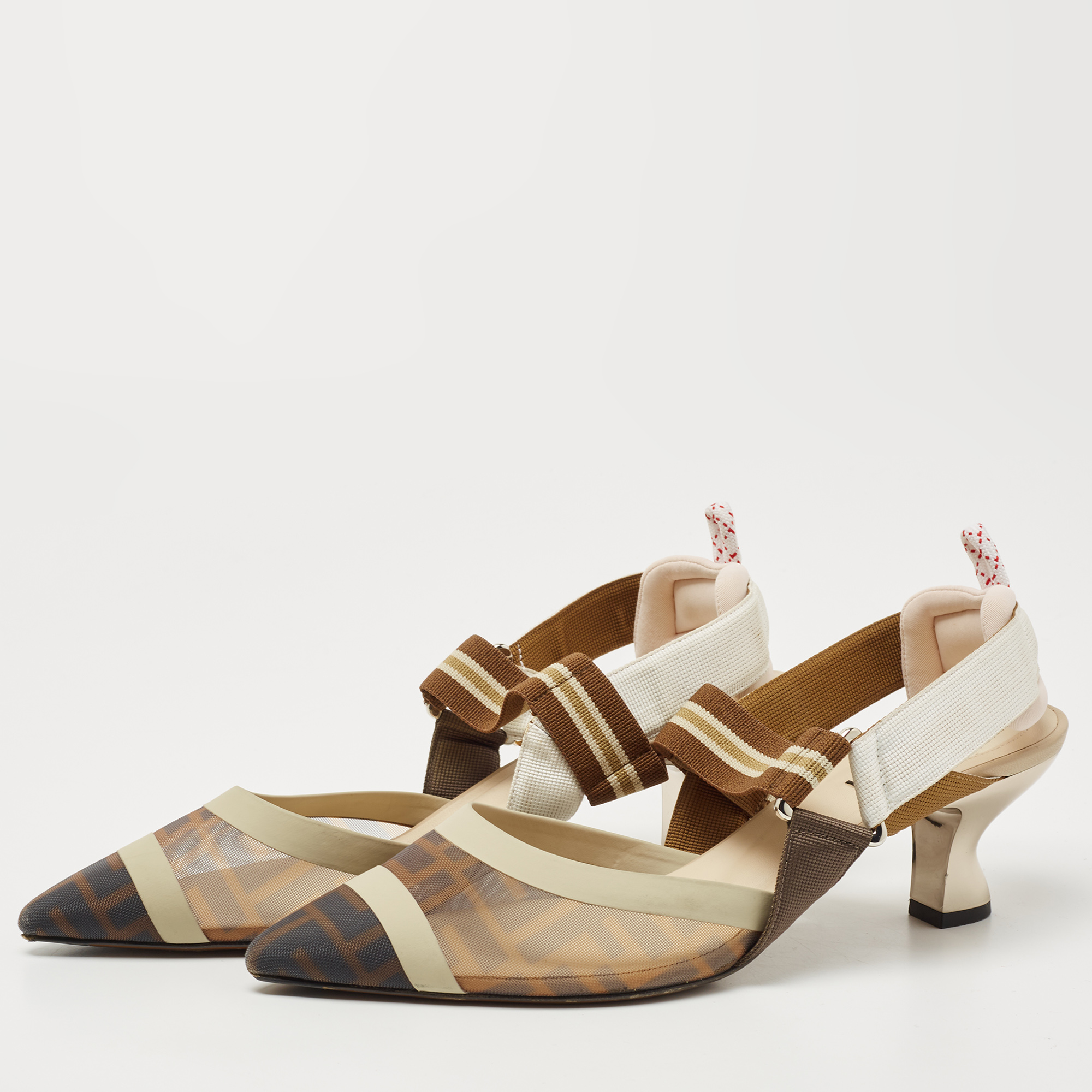 

Fendi Brown/Cream Leather and Mesh Colibri Slingback Pumps Size