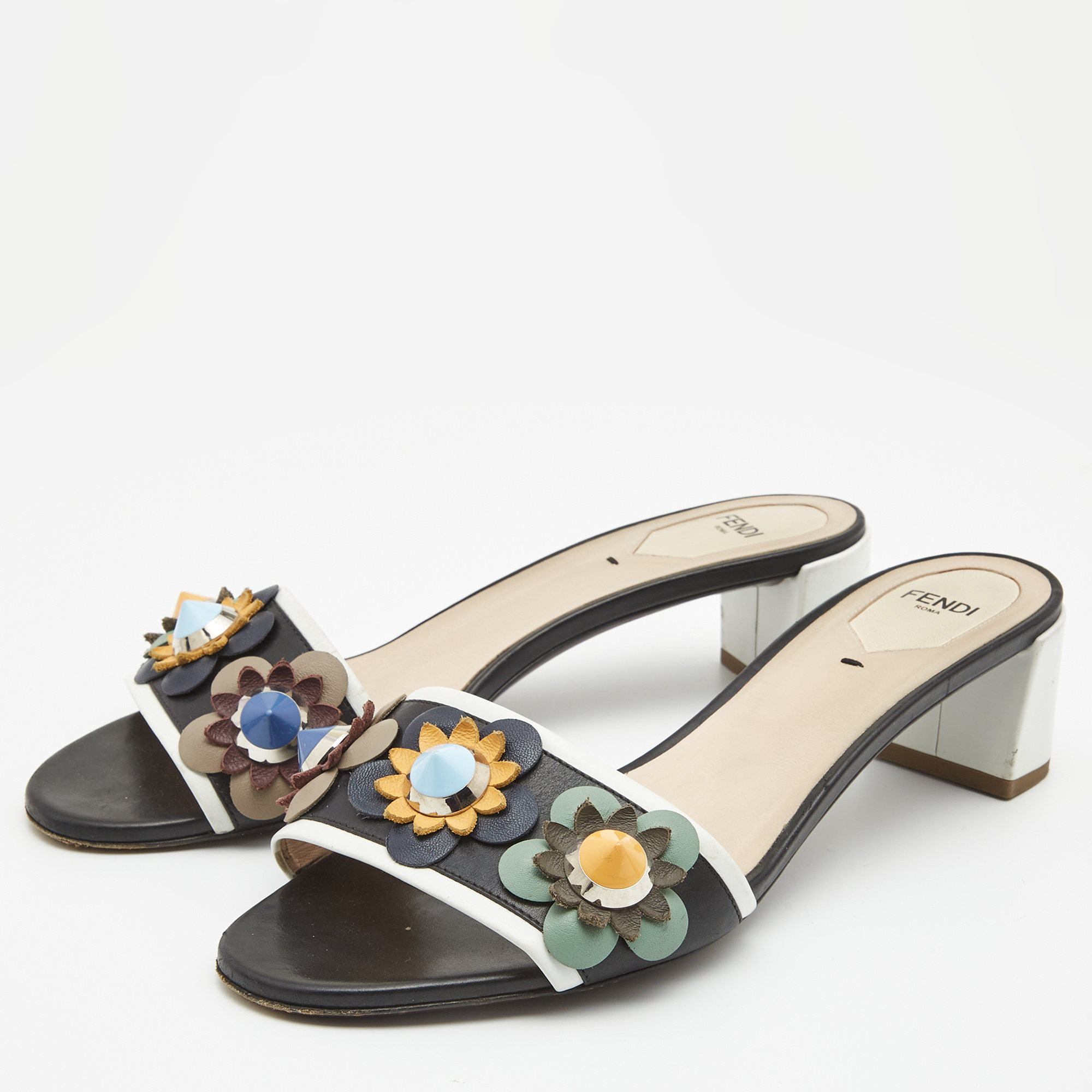 

Fendi Multicolor Leather Flowerland Slides Sandals Size, Black