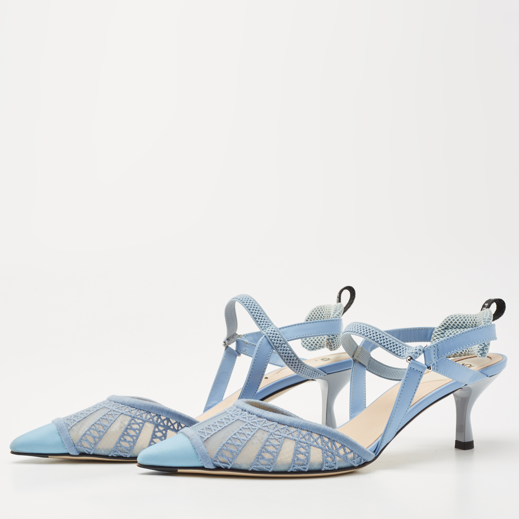 

Fendi Blue Tulle And Satin Colibri Lite Slingback Pumps Size
