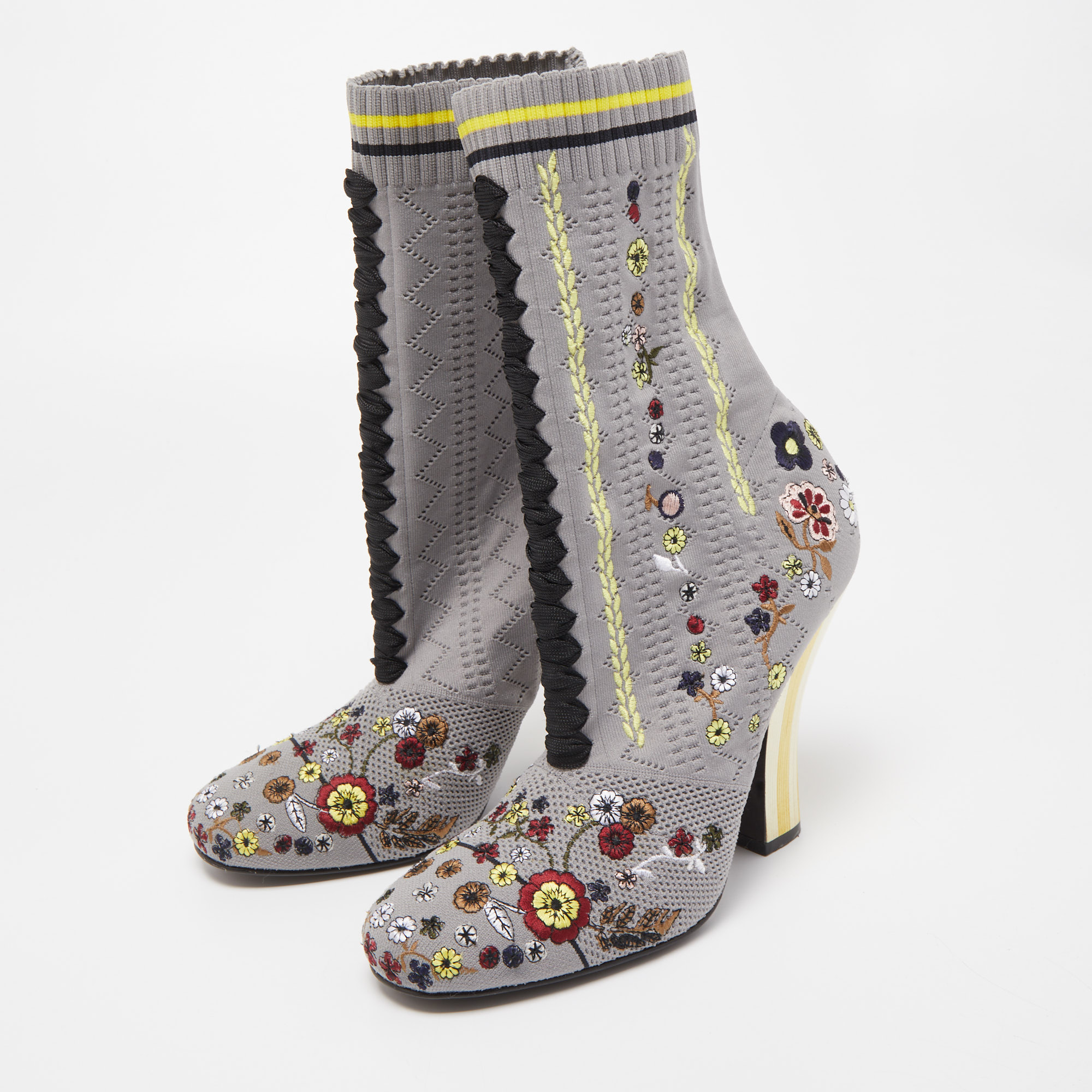 

Fendi Grey Floral Embroidered Knit Fabric Sock Ankle Boots Size