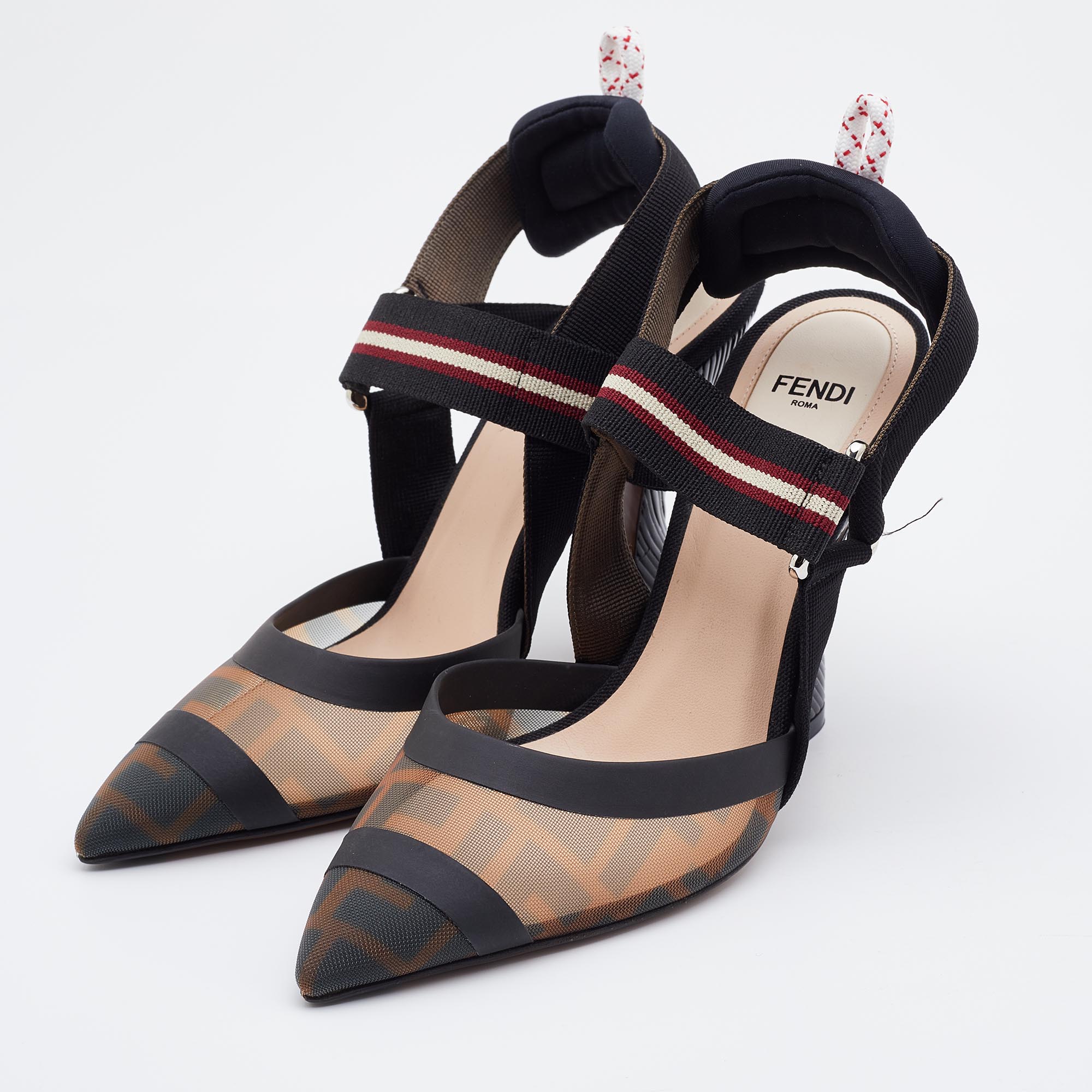 

Fendi Black/Brown Zucca Mesh and Leather Colibri Slingback Pumps Size