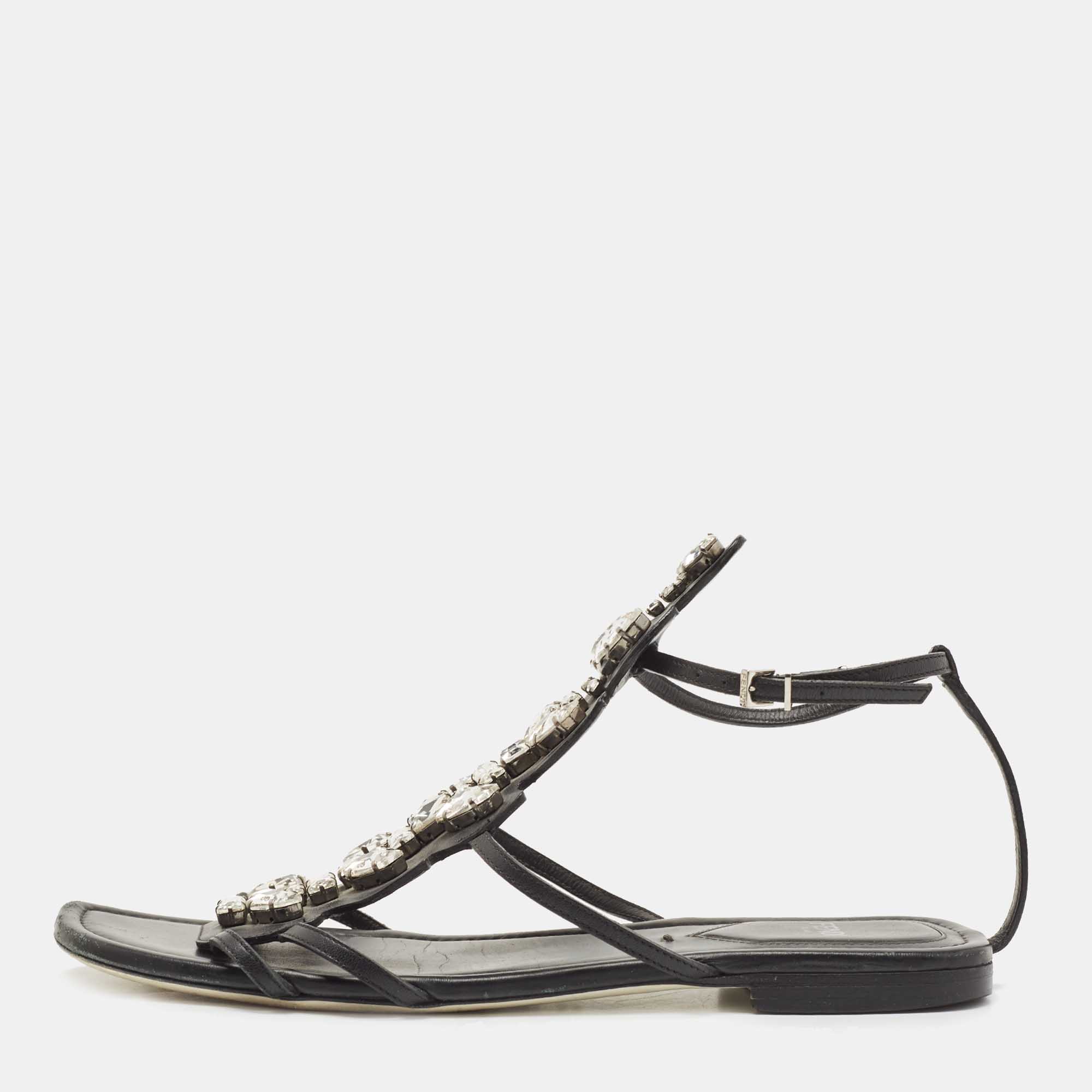 Pre-owned Fendi Black Leather Crystal Embellished Strappy Ankle Strap Flat Sandals Size 37