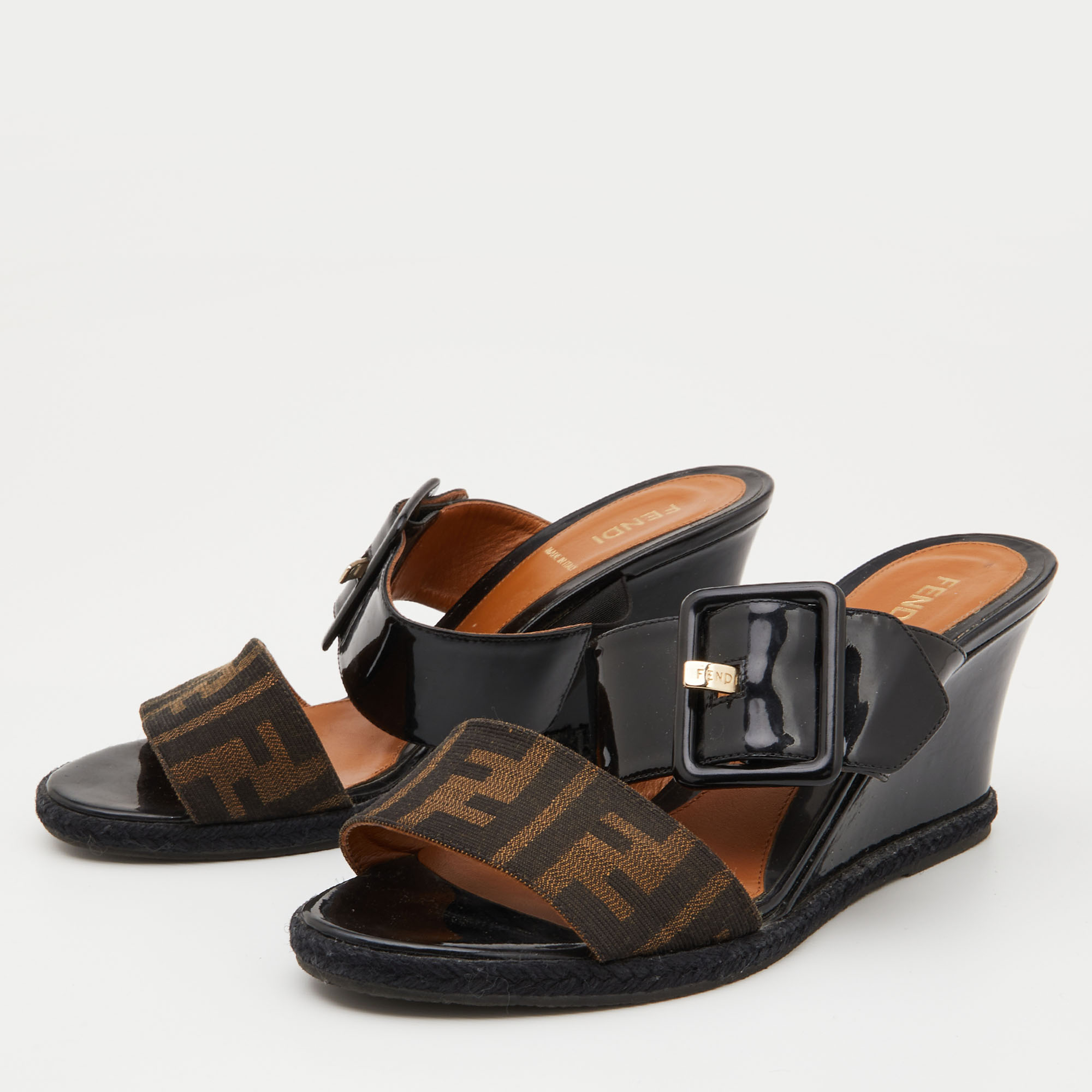 

Fendi Brown/Black Zucca Canvas and Patent Leather Demi Wedge Sandals Size