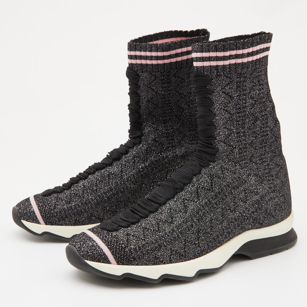 

Fendi Silver/Pink Lurex Knit Fabric Sock High Top Sneakers Size
