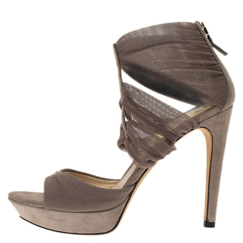 

Fendi Beige Suede and Fabric Ankle Wrap Platform Sandals Size