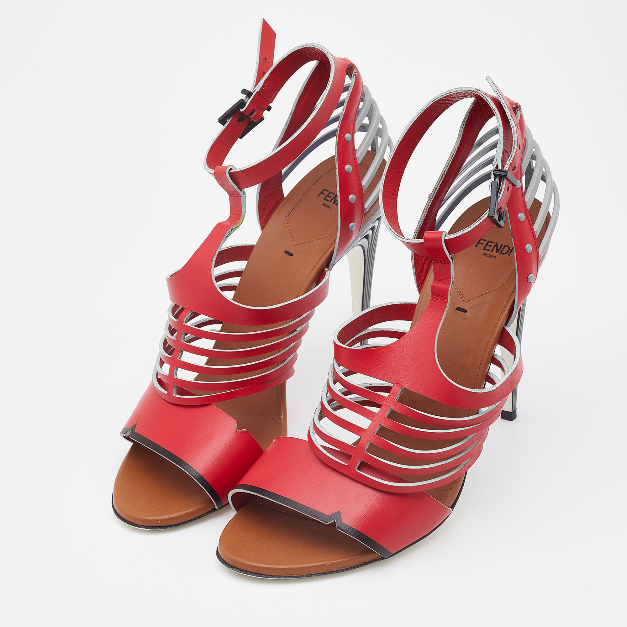 

Fendi Red/Blue Leather Tiffany Ankle Strap Sandals Size