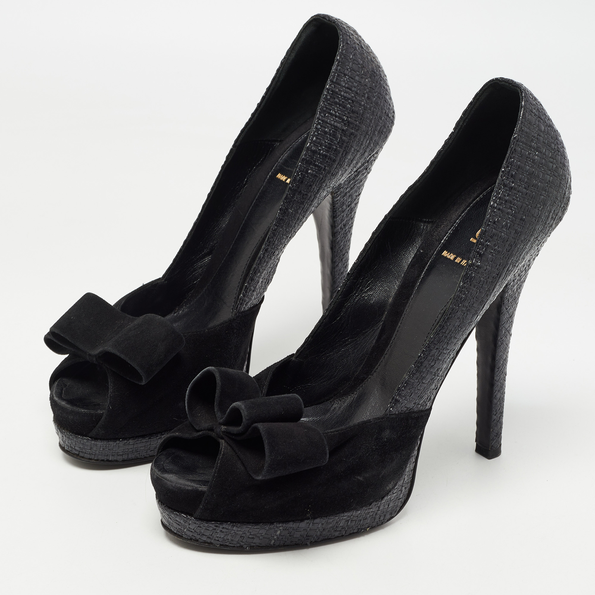 

Fendi Two Tone Woven Raffia and Suede Bow Deco Platform Pumps Size, Black