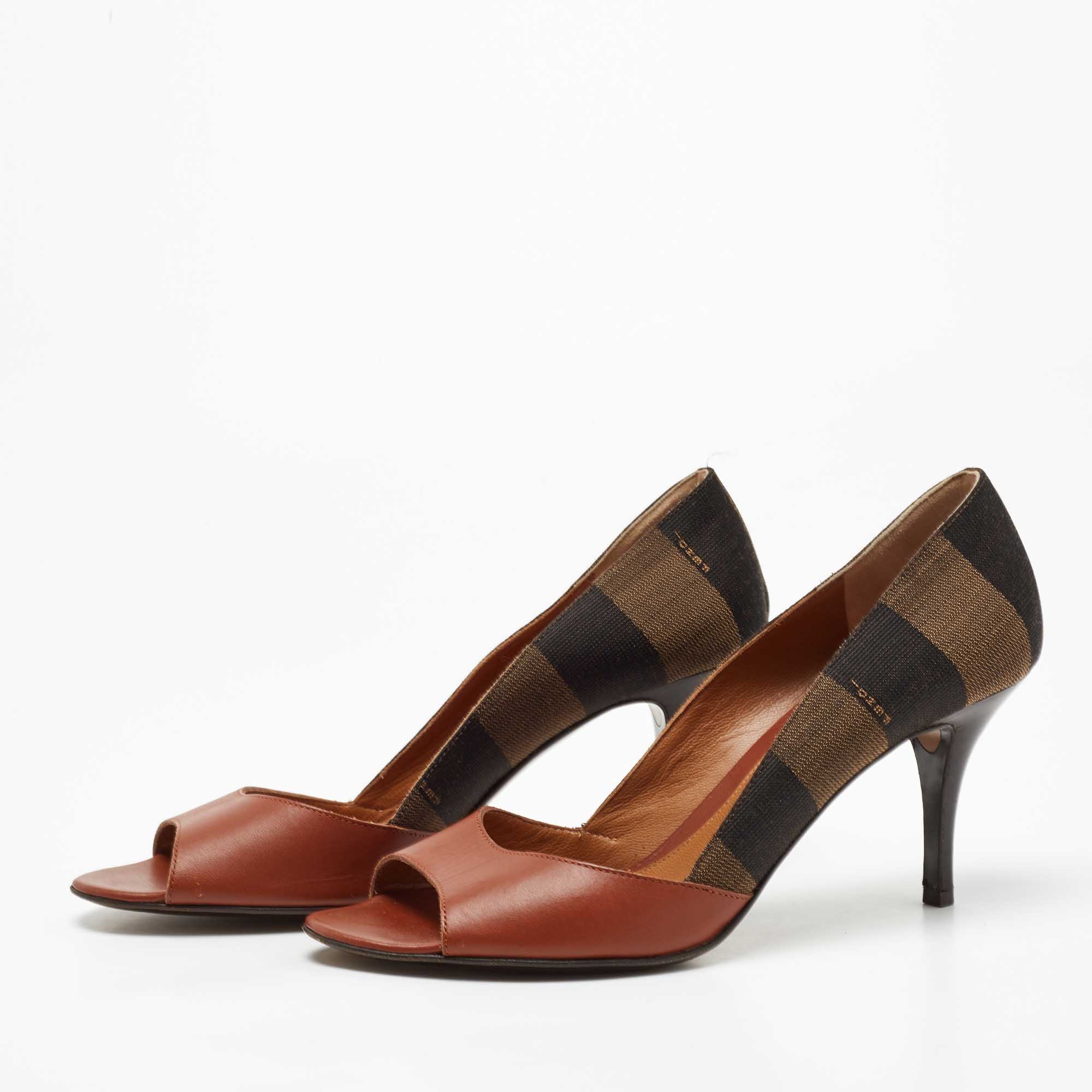 

Fendi Tricolor Leather and Pequin Canvas Open Toe Pumps Size, Brown