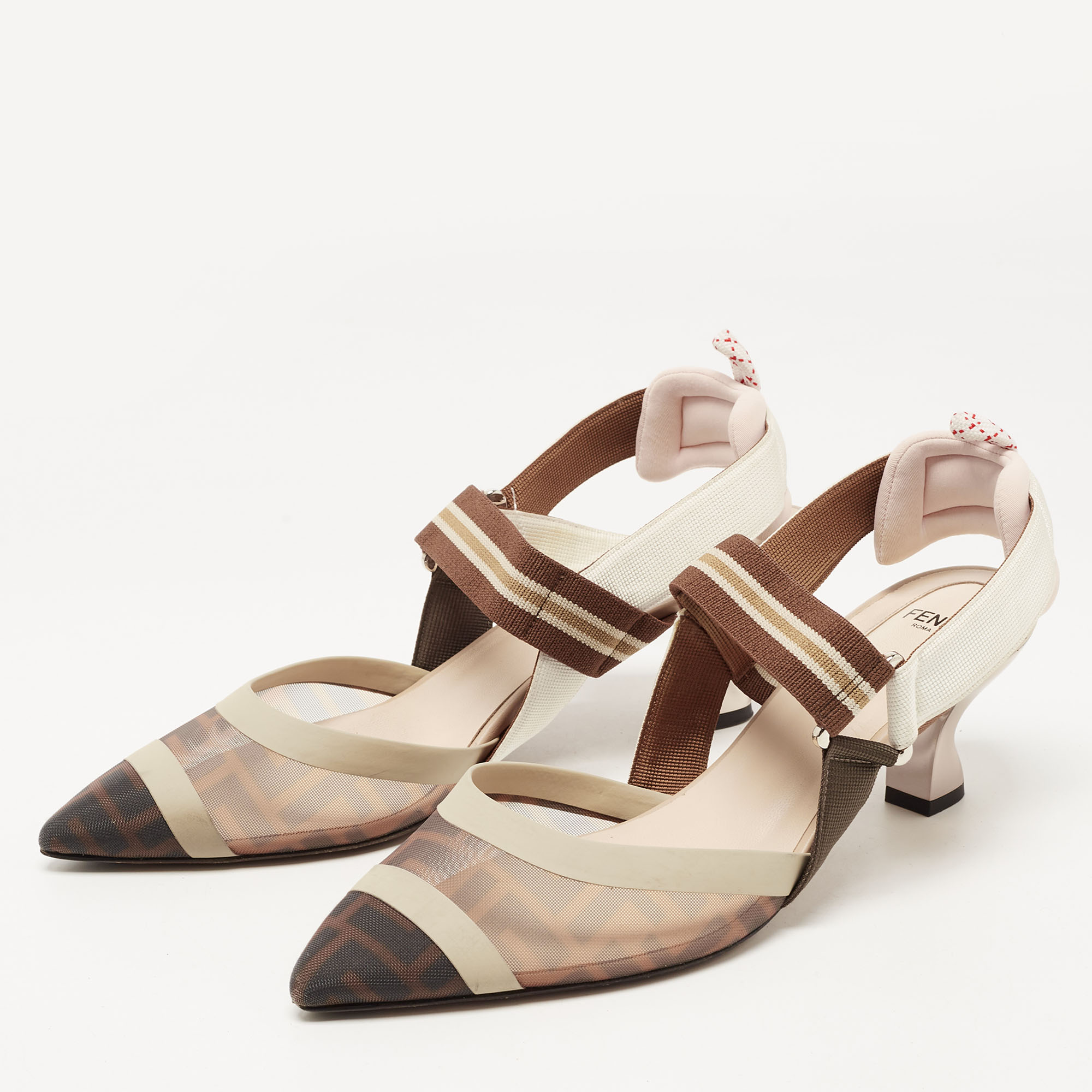 

Fendi Multicolor Mesh and Leather Colibri Slingback Pumps Size