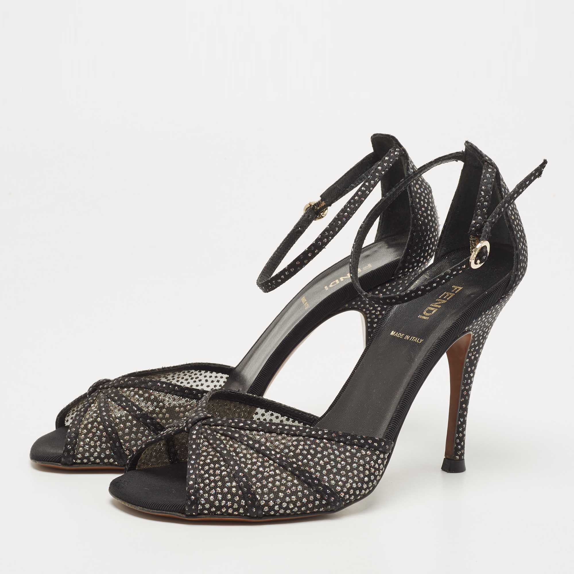

Fendi Black Mesh and Suede Studded Ankle Strap Sandals Size
