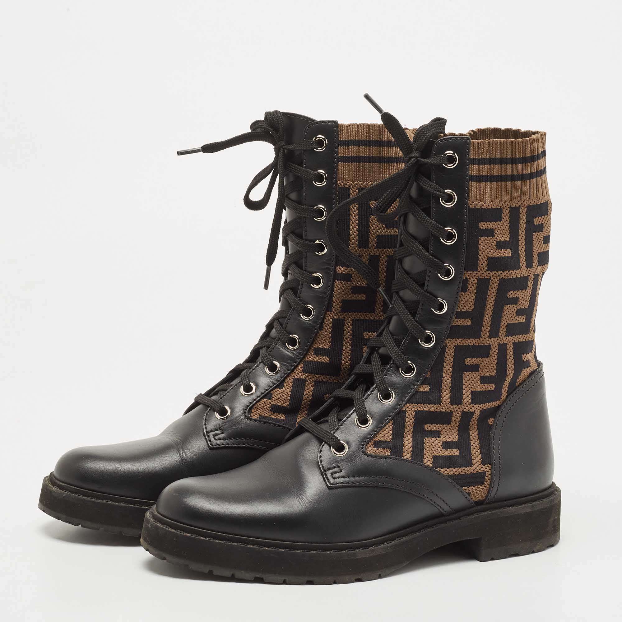 

Fendi Black Leather And FF Motif Fabric Rockoko Combat Boots Size