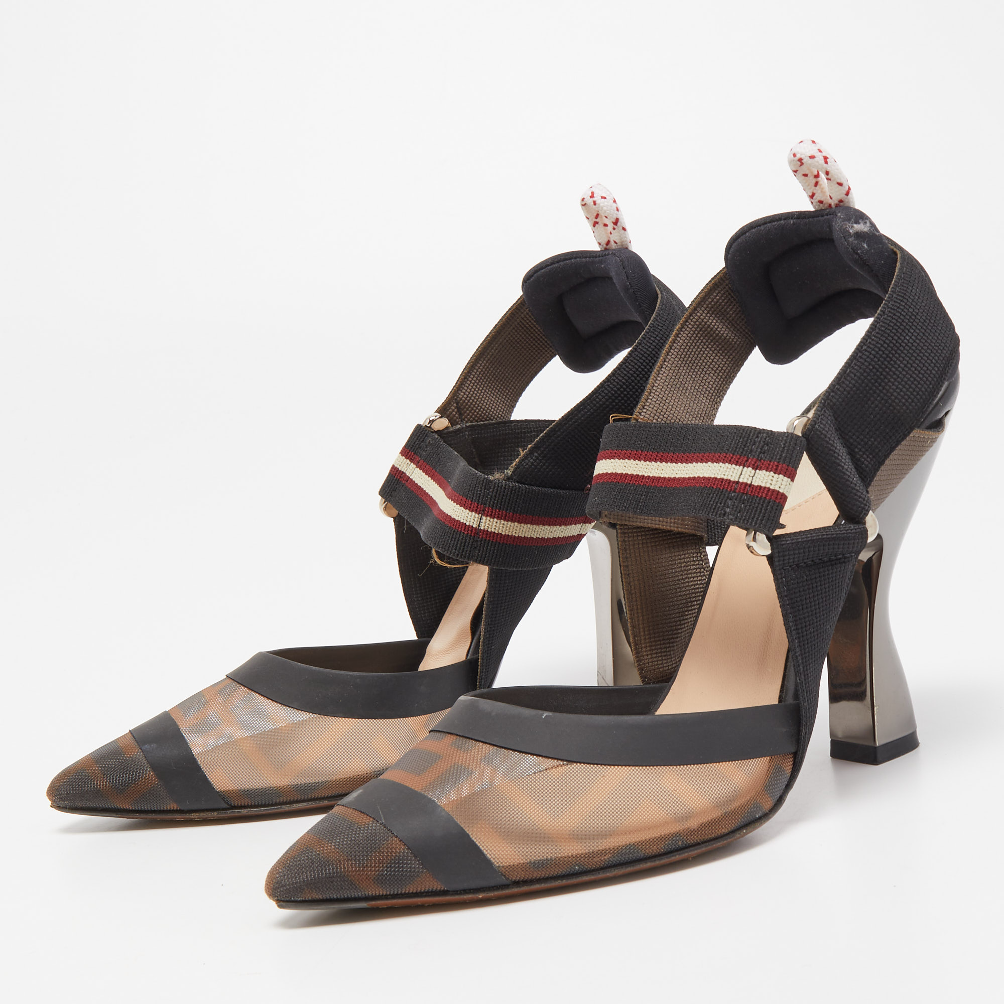 

Fendi Multicolor Mesh and Canvas Colibri Slingback Pumps Size
